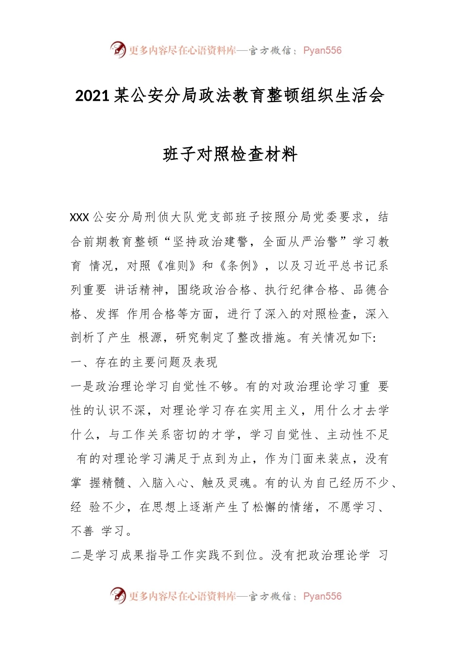 2021某公安分局政法教育整顿组织生活会班子对照检查材料..docx_第1页