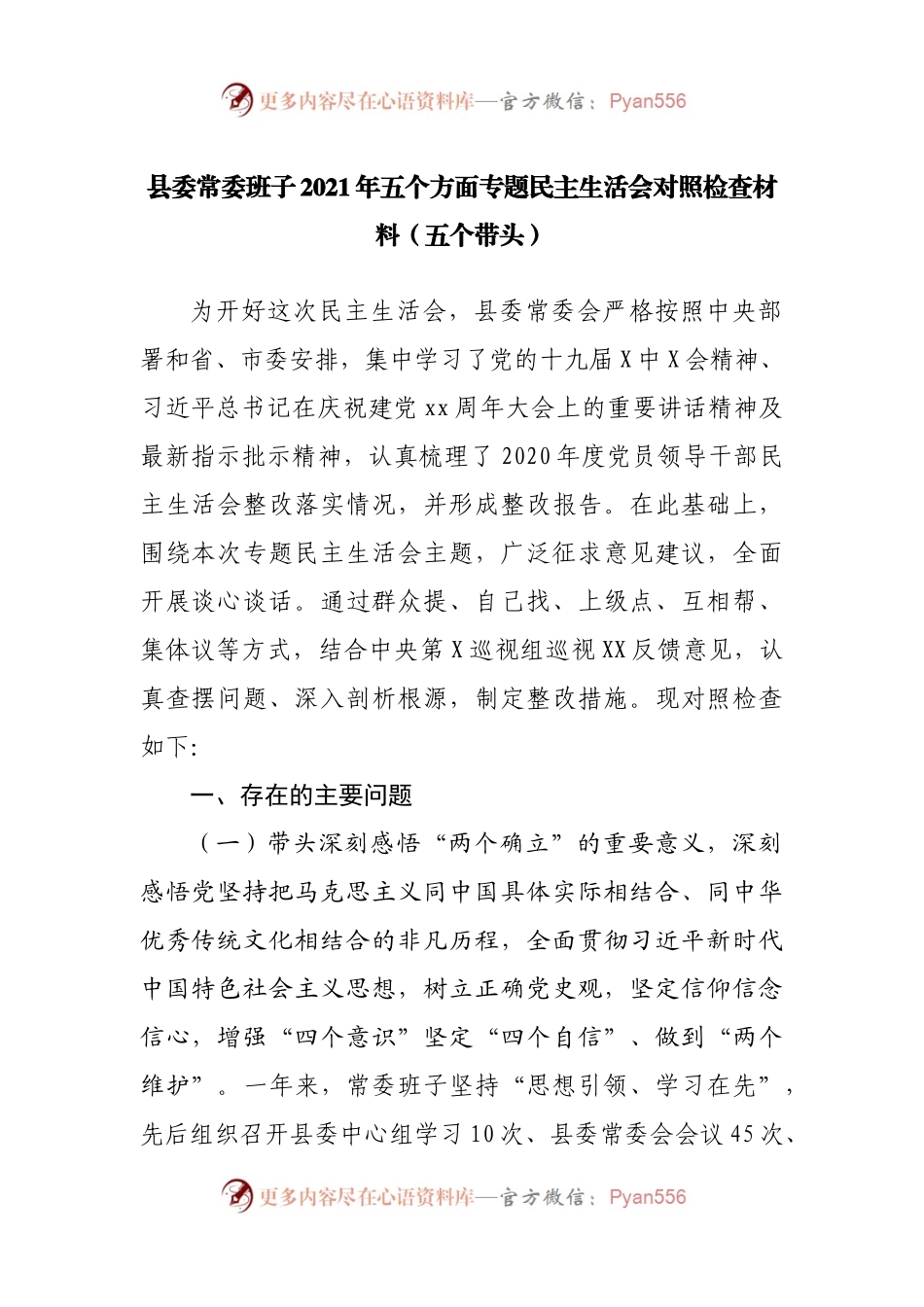 09班子2021年专题民主生活会对照检查材料（县）.docx_第1页