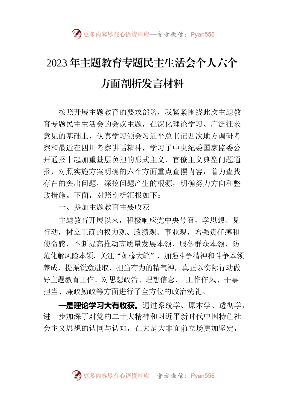 2023年主题教育专题民主生活会个人六个方面剖析发言材料.docx_第1页