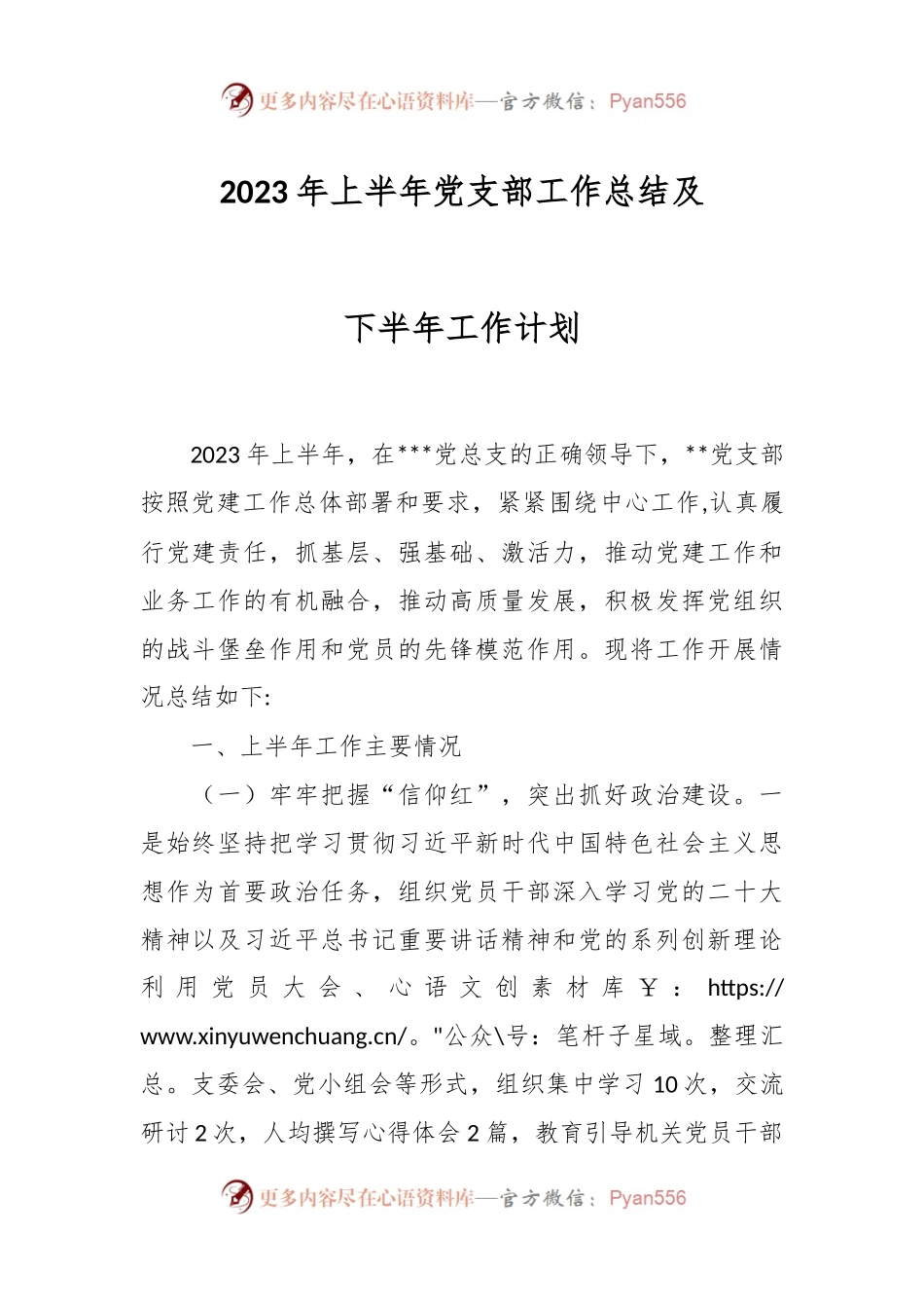 2023年上半年党支部工作总结及下半年工作计划.docx_第1页