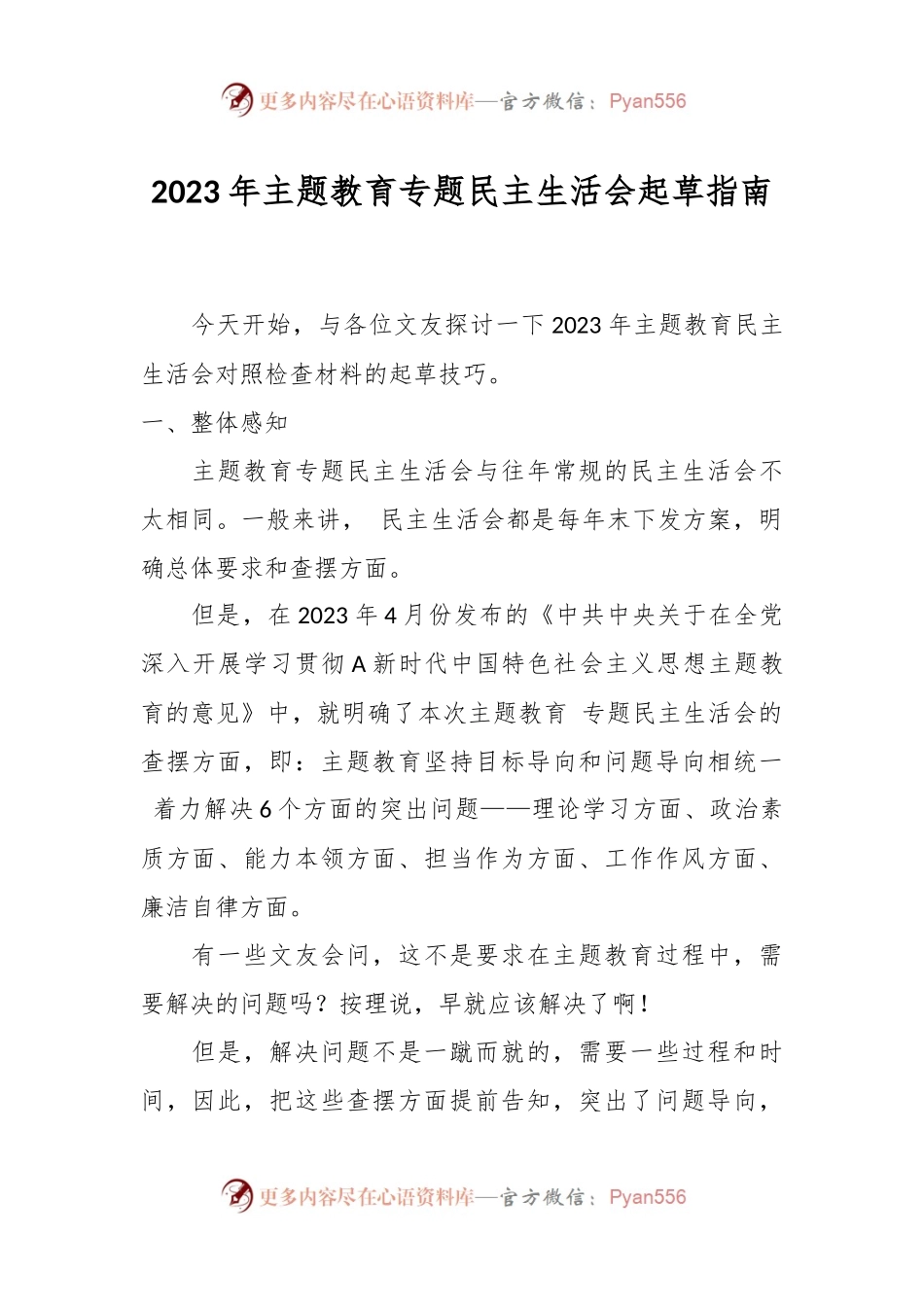 2023年主题教育专题民主生活会起草指南.docx_第1页
