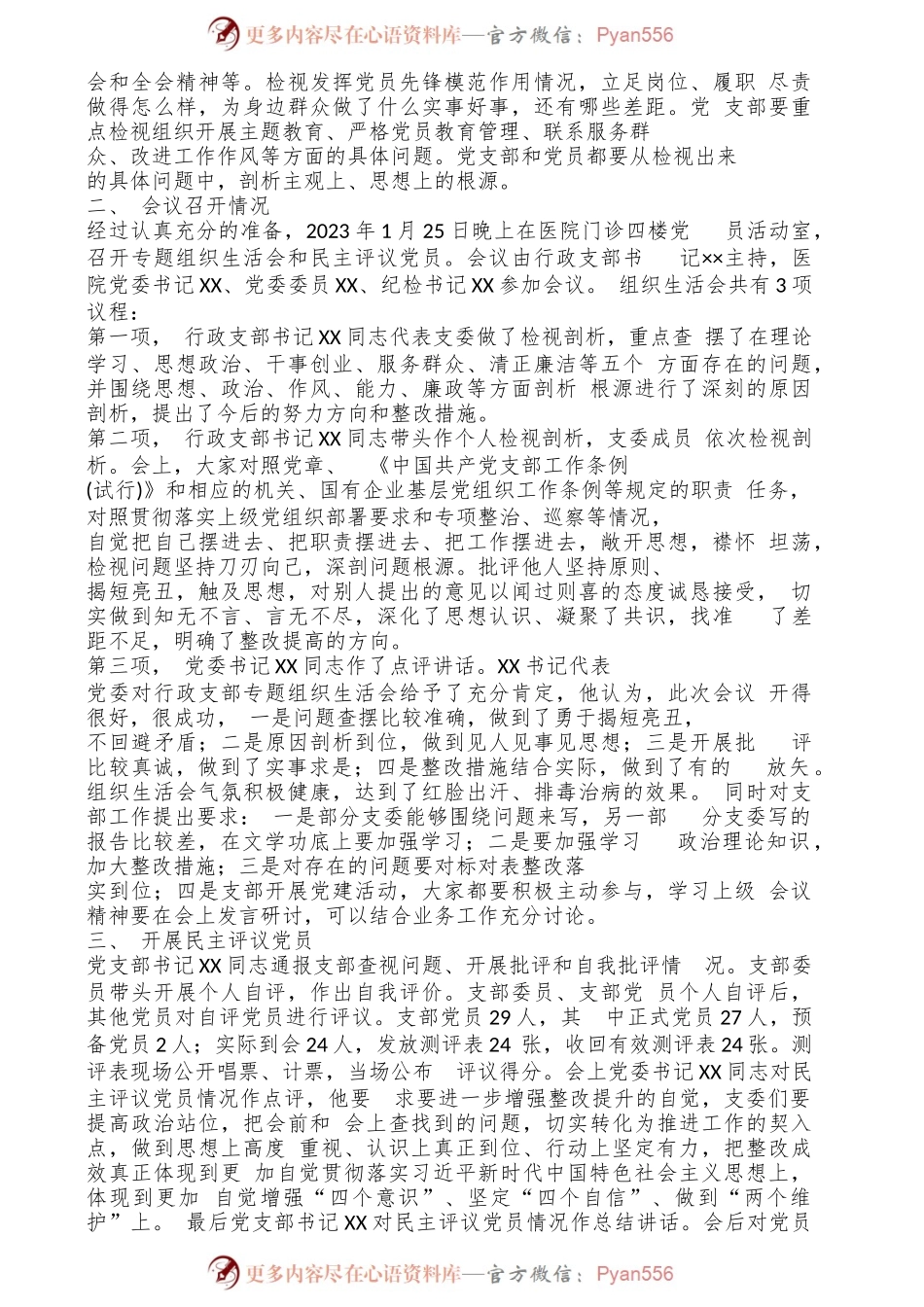 2022年度党支部专题组织生活会暨民主评议党员工作全套资料(含工作方案、召开情况汇报、党员民主评议自我评价表格清单).docx_第2页