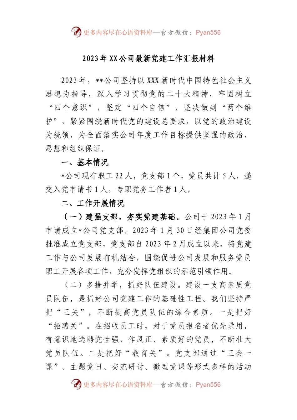 2023年公司最新党建工作汇报材料.docx_第1页