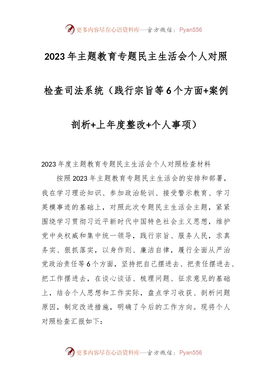 2023年主题教育专题民主生活会个人对照检查 司法系统（践行宗旨等6个方面+案例剖析+上年度整改+个人事项）.docx_第1页