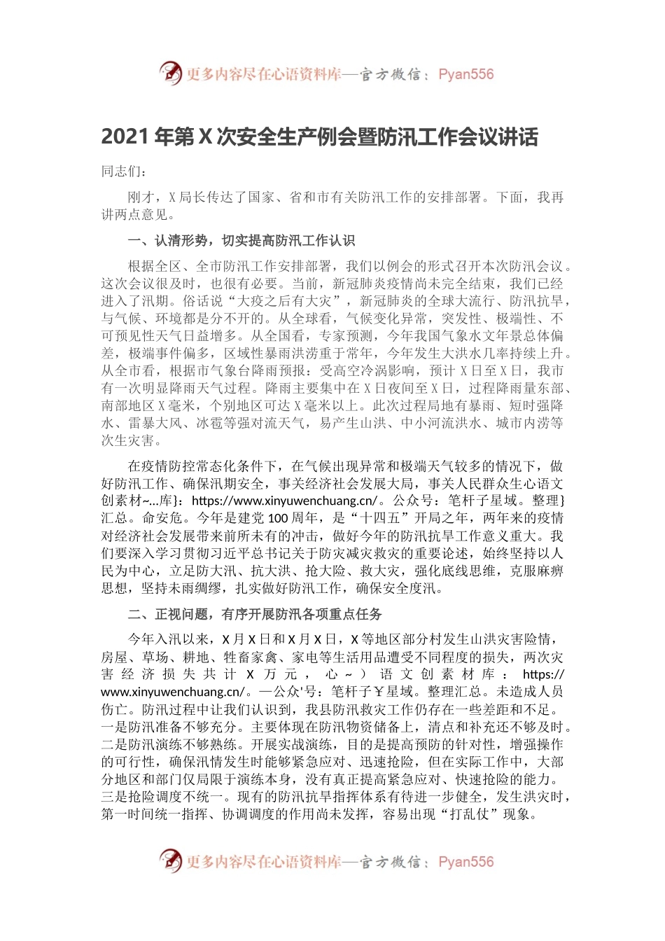 2021年第X次安全生产例会暨防汛工作会议讲话.docx_第1页