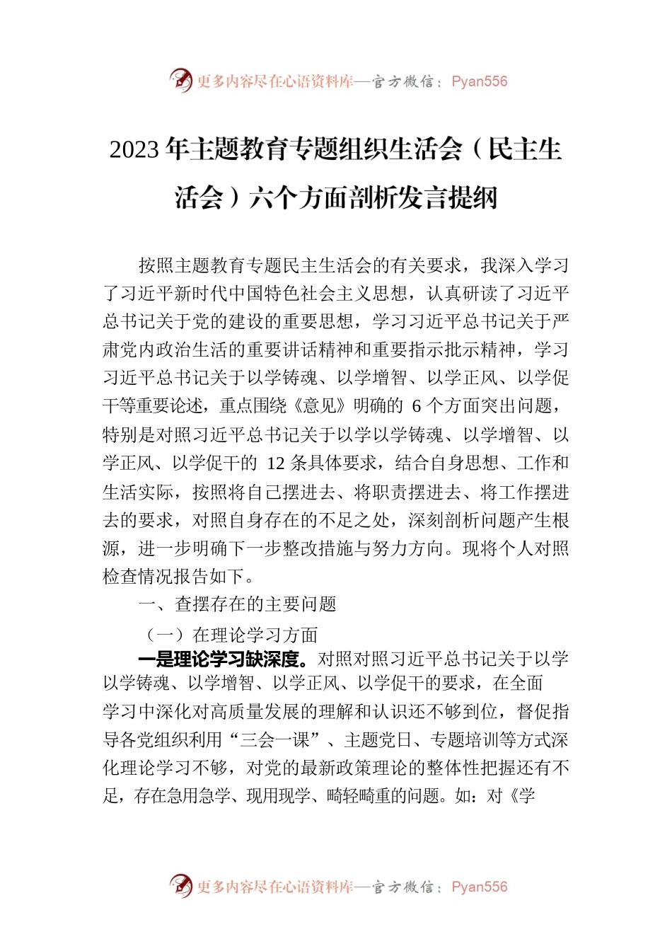 2023年主题教育专题组织生活会（民主生活会）六个方面剖析发言提纲.docx_第1页