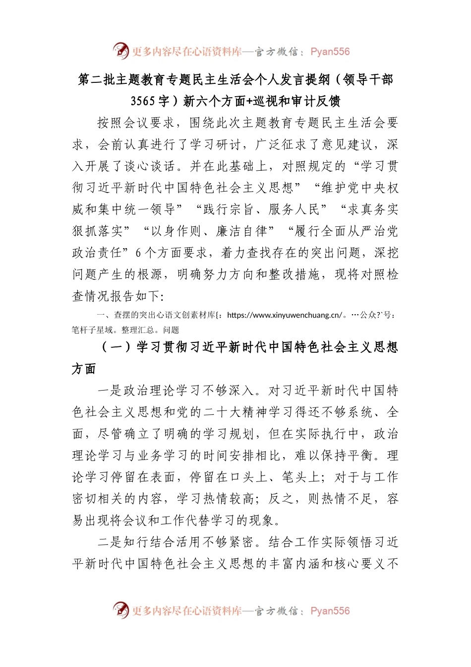 2023年主题教育民主生活会个人对照检查材料（践行宗旨等6个方面）+巡视和审计反馈.docx_第1页