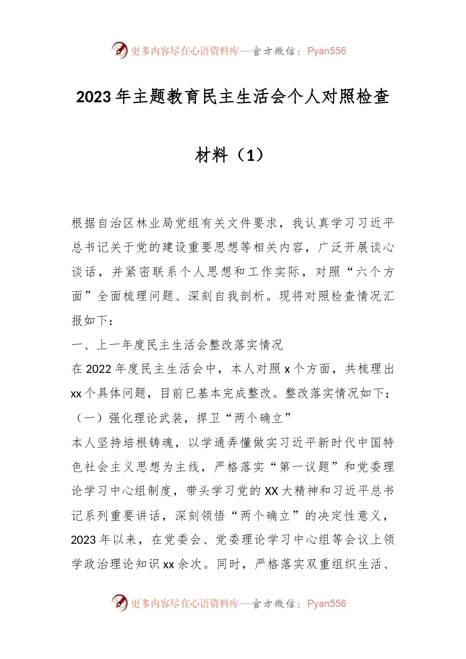 2023年主题教育民主生活会个人对照检查材料（1）.docx_第1页