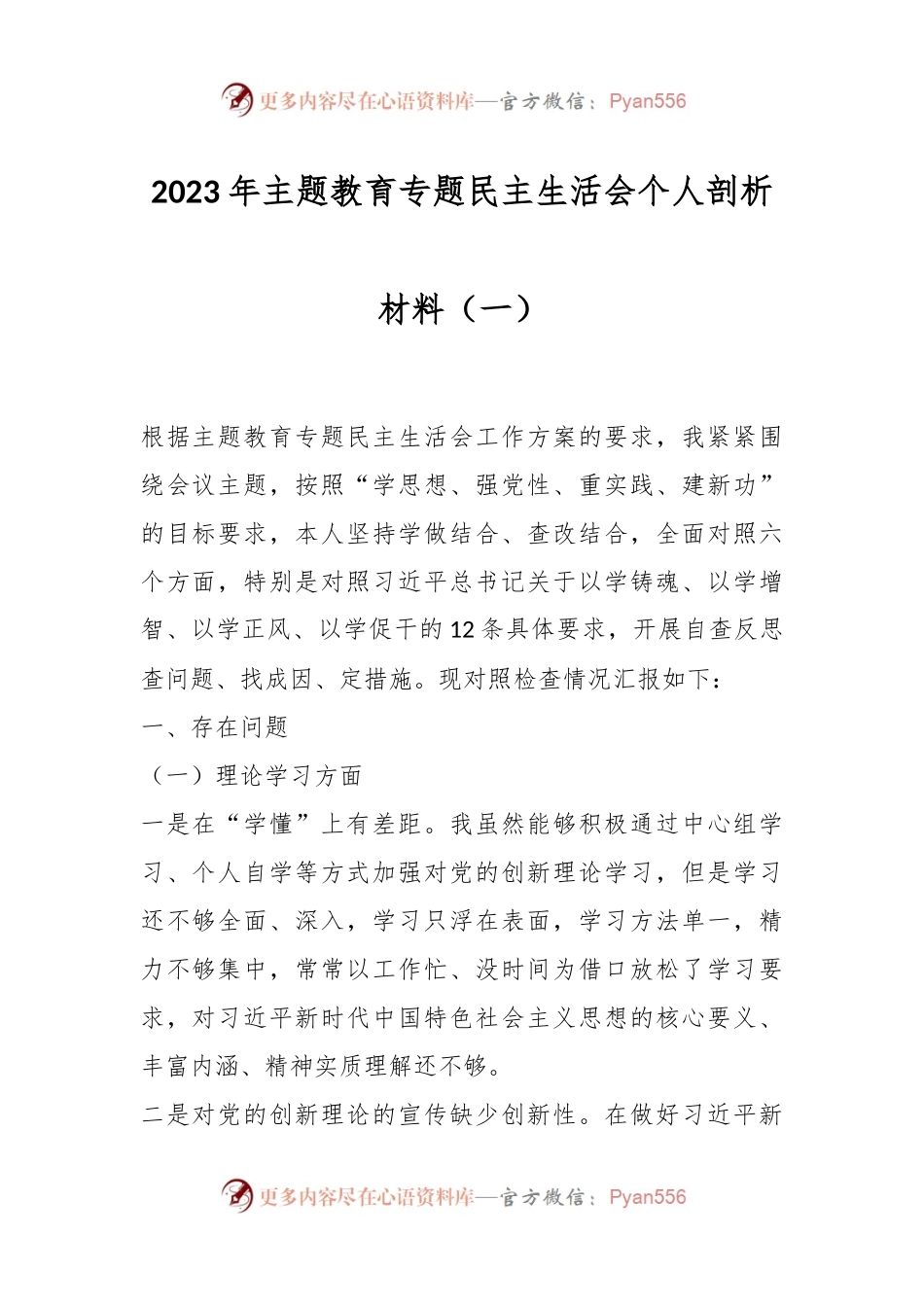 2023年主题教育专题民主生活会个人剖析材料（一）.docx_第1页