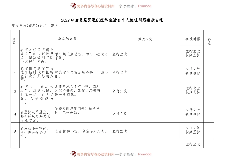 (2篇)2022年度基层党组织组织生活会(民主生活会)党员个人问题整改台账（参考模板）.docx_第1页