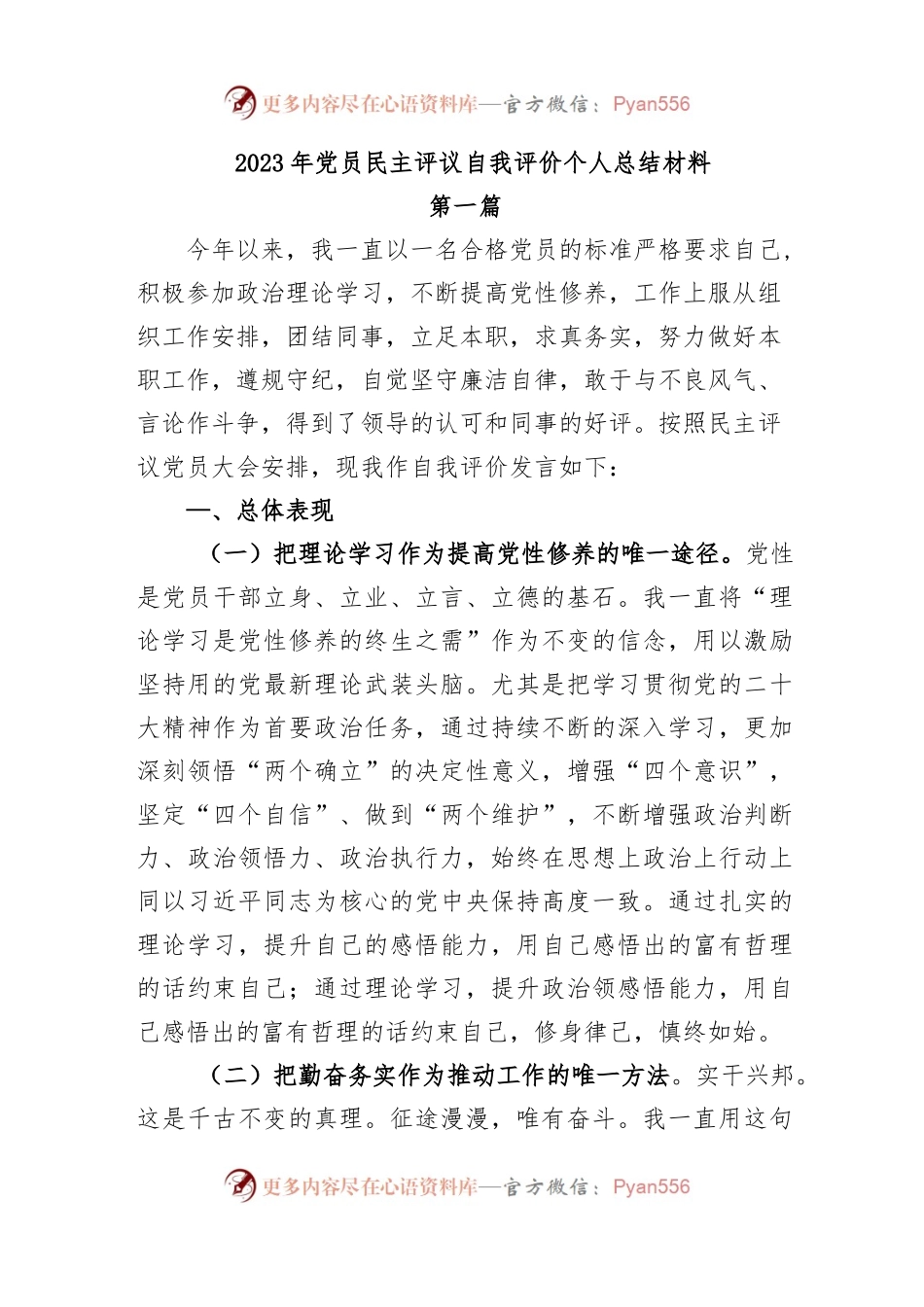 (2篇)2023年党员民主评议自我评价个人总结材料.docx_第1页