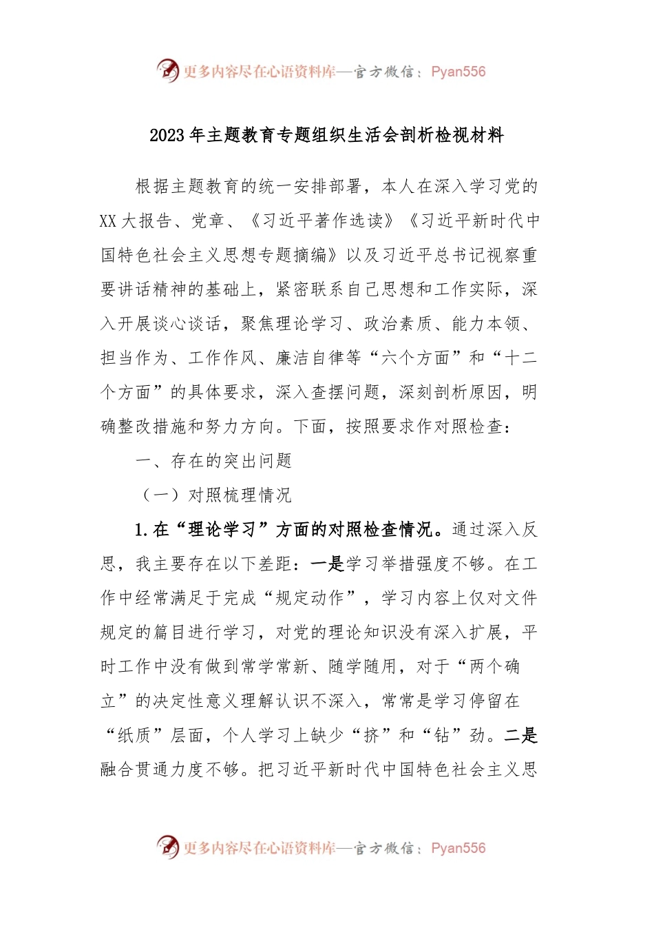 2023年主题教育专题组织生活会剖析检视材料.docx_第1页