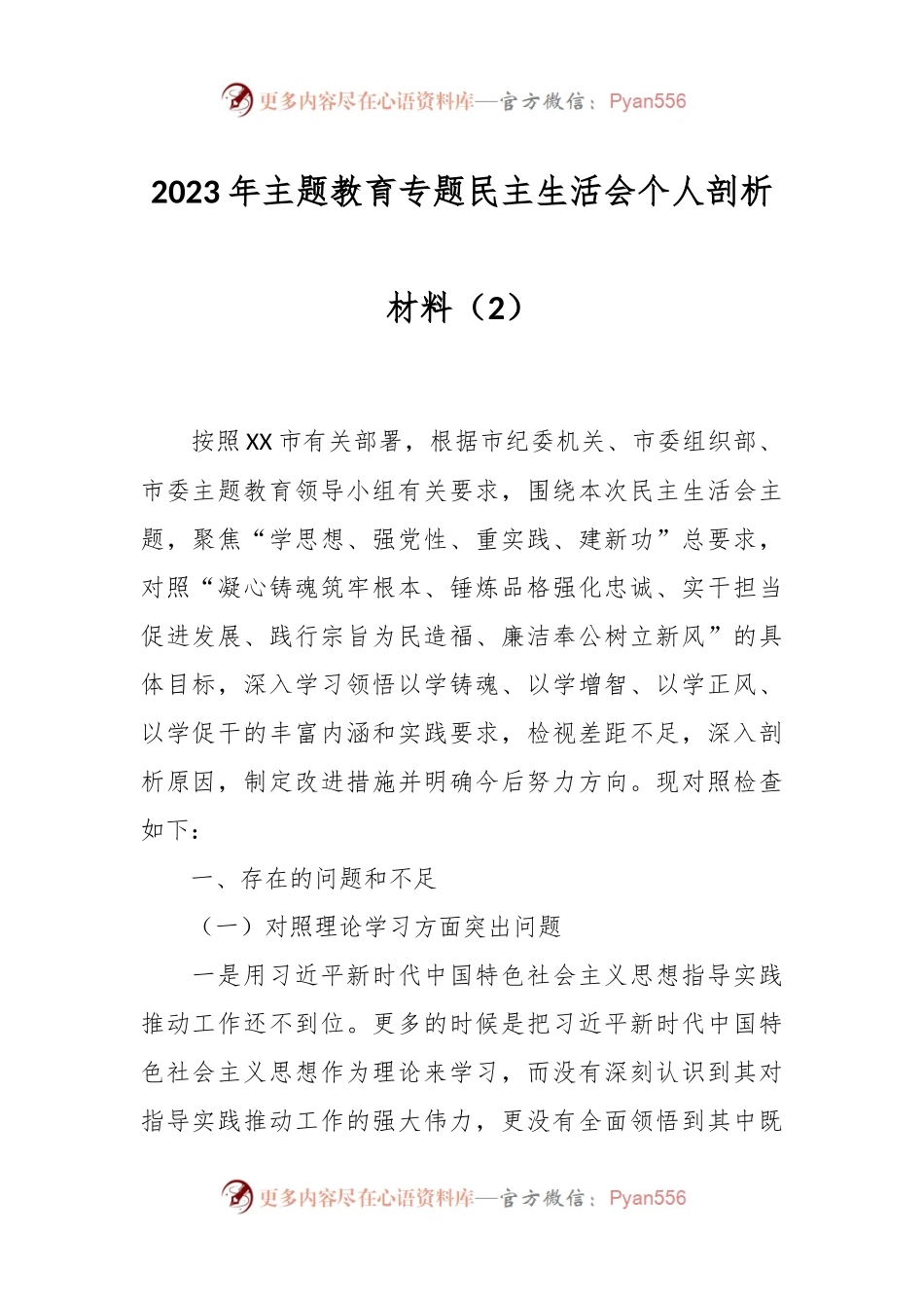 2023年主题教育专题民主生活会个人剖析材料（2）.docx_第1页