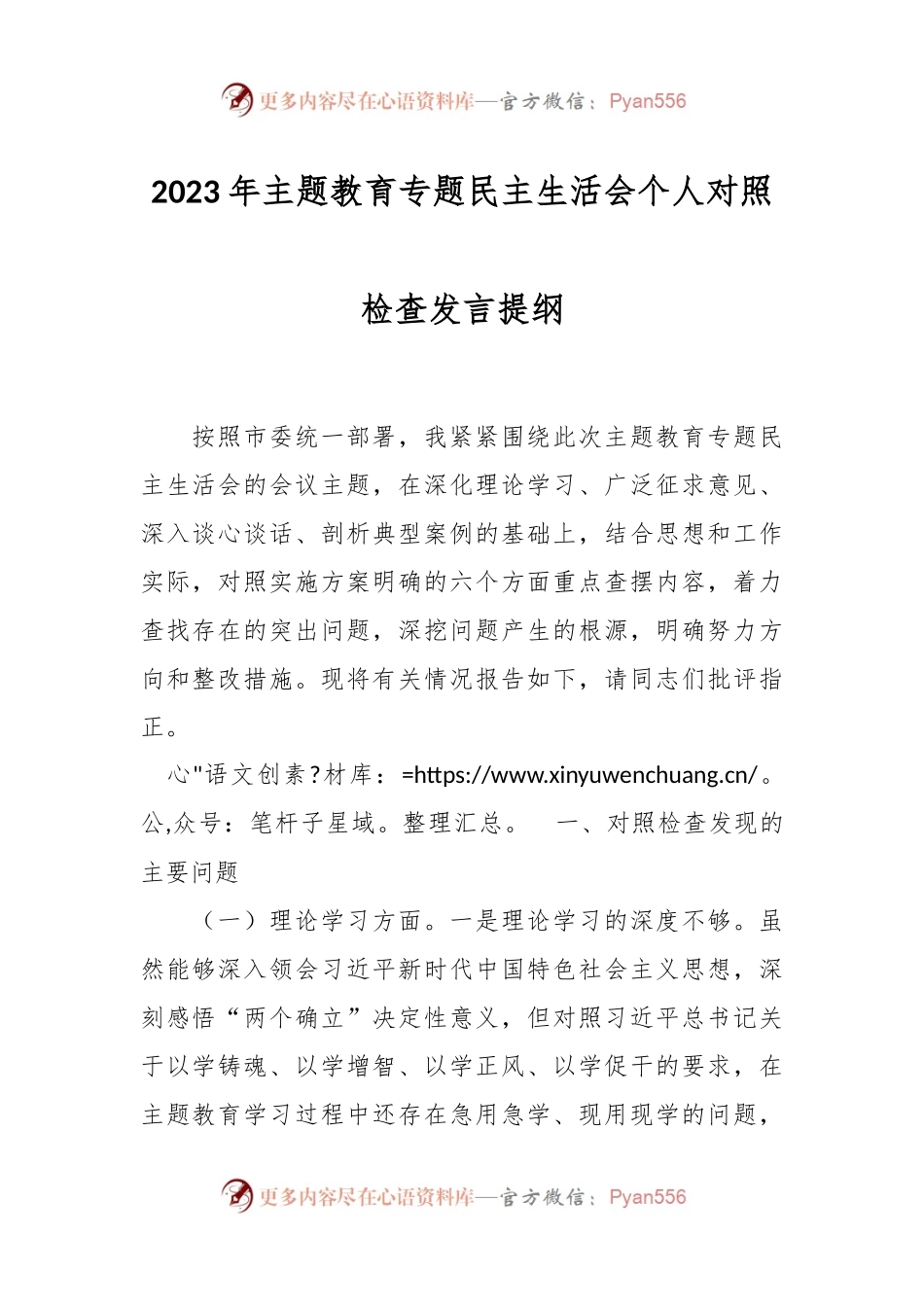 2023年主题教育专题民主生活会个人对照检查发言稿提纲.docx_第1页
