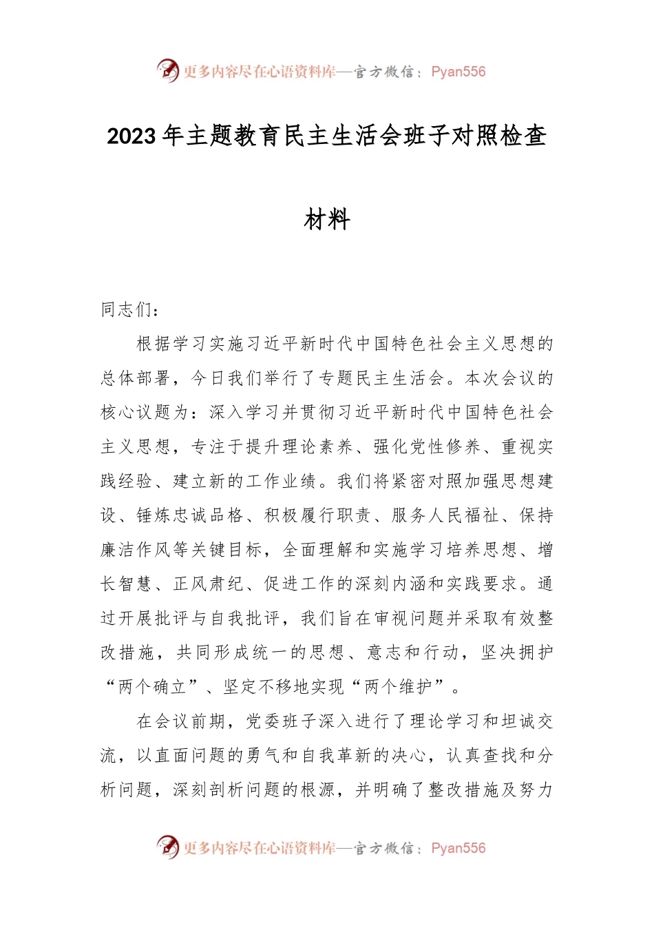 2023年主题教育民主生活会班子对照检查材料.docx_第1页
