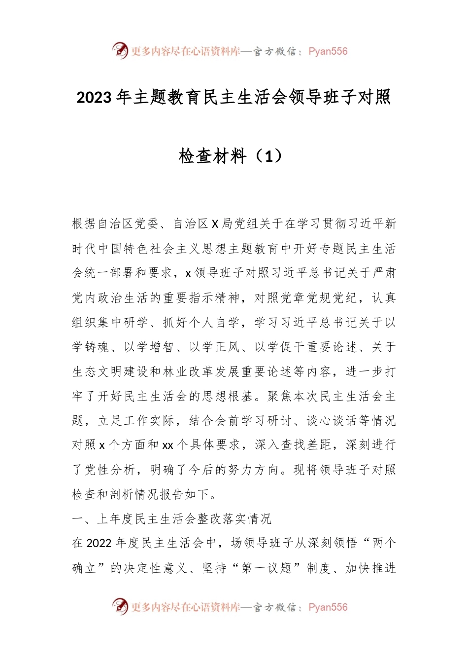 2023年主题教育民主生活会领导班子对照检查材料（1）.docx_第1页