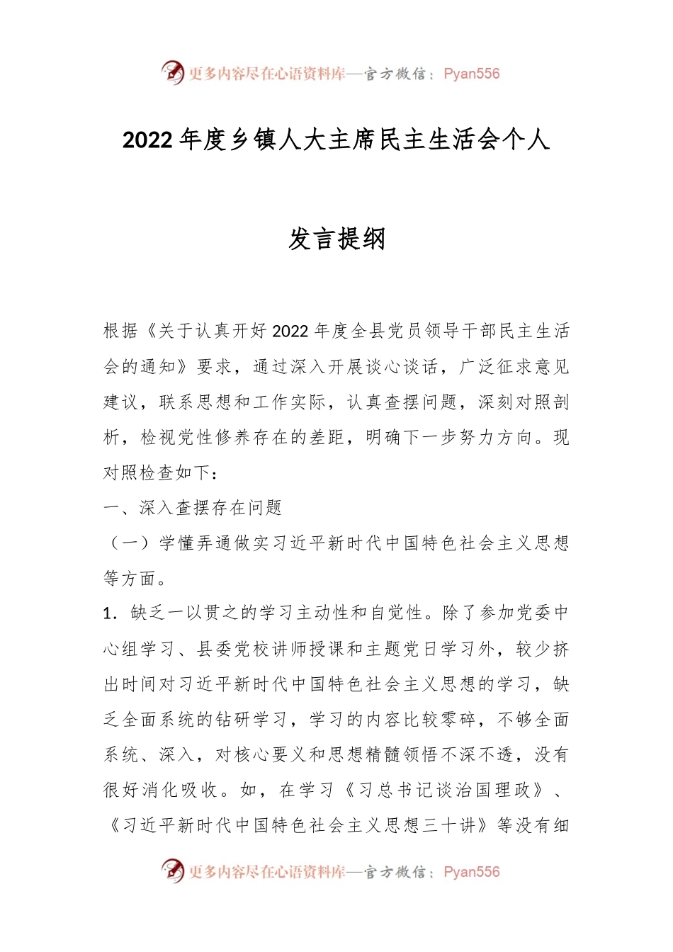 2022年度乡镇人大主席民主生活会个人发言提纲.docx_第1页
