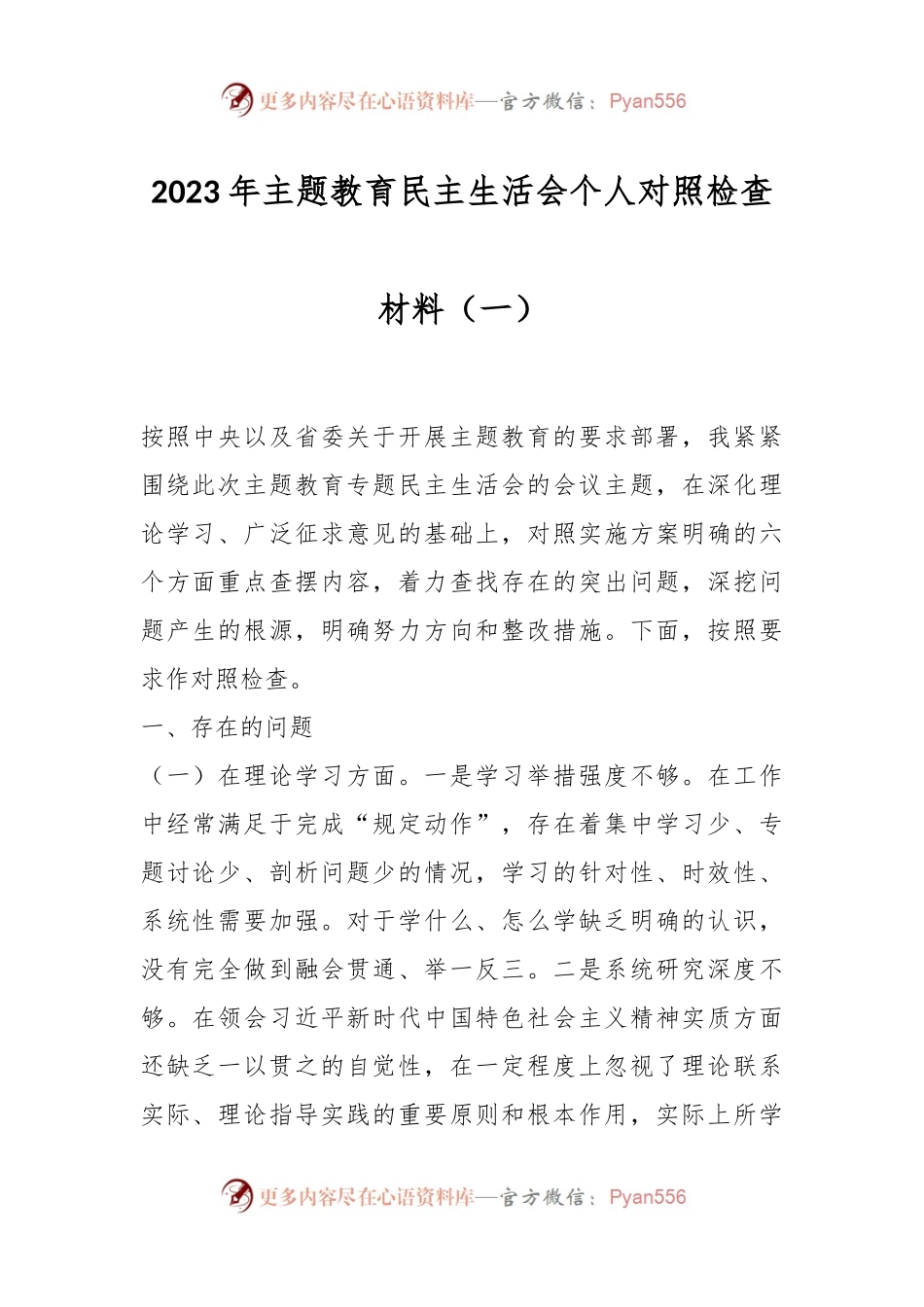 2023年主题教育民主生活会个人对照检查材料 （一）.docx_第1页