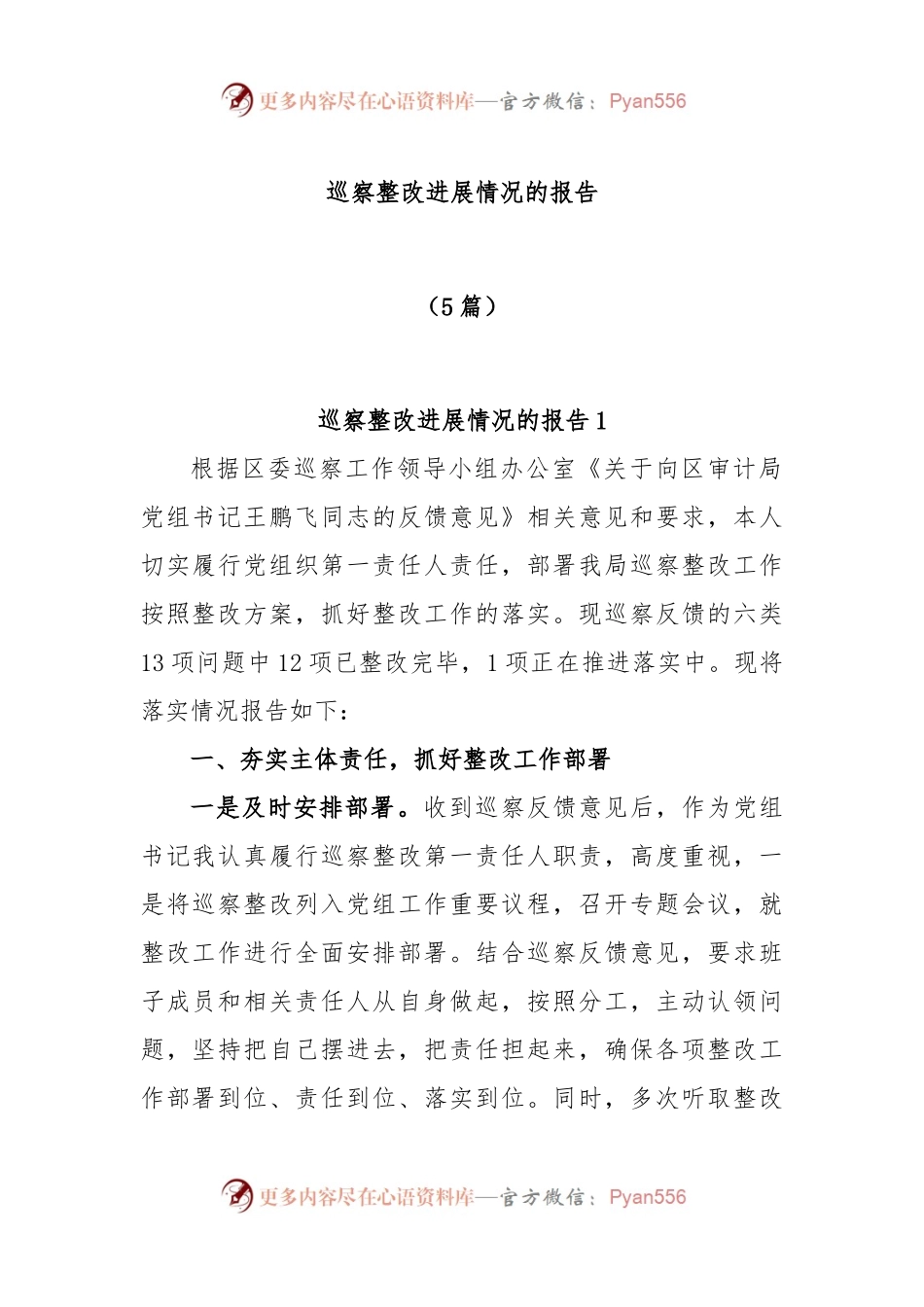 (5篇)巡察整改进展情况的报告.docx_第1页