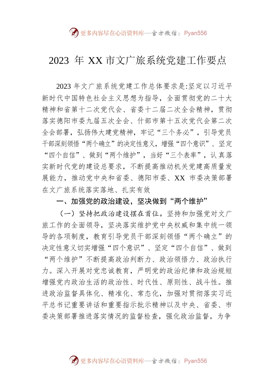 2023 年XX市文广旅系统党建工作要点（20230523）.docx_第1页