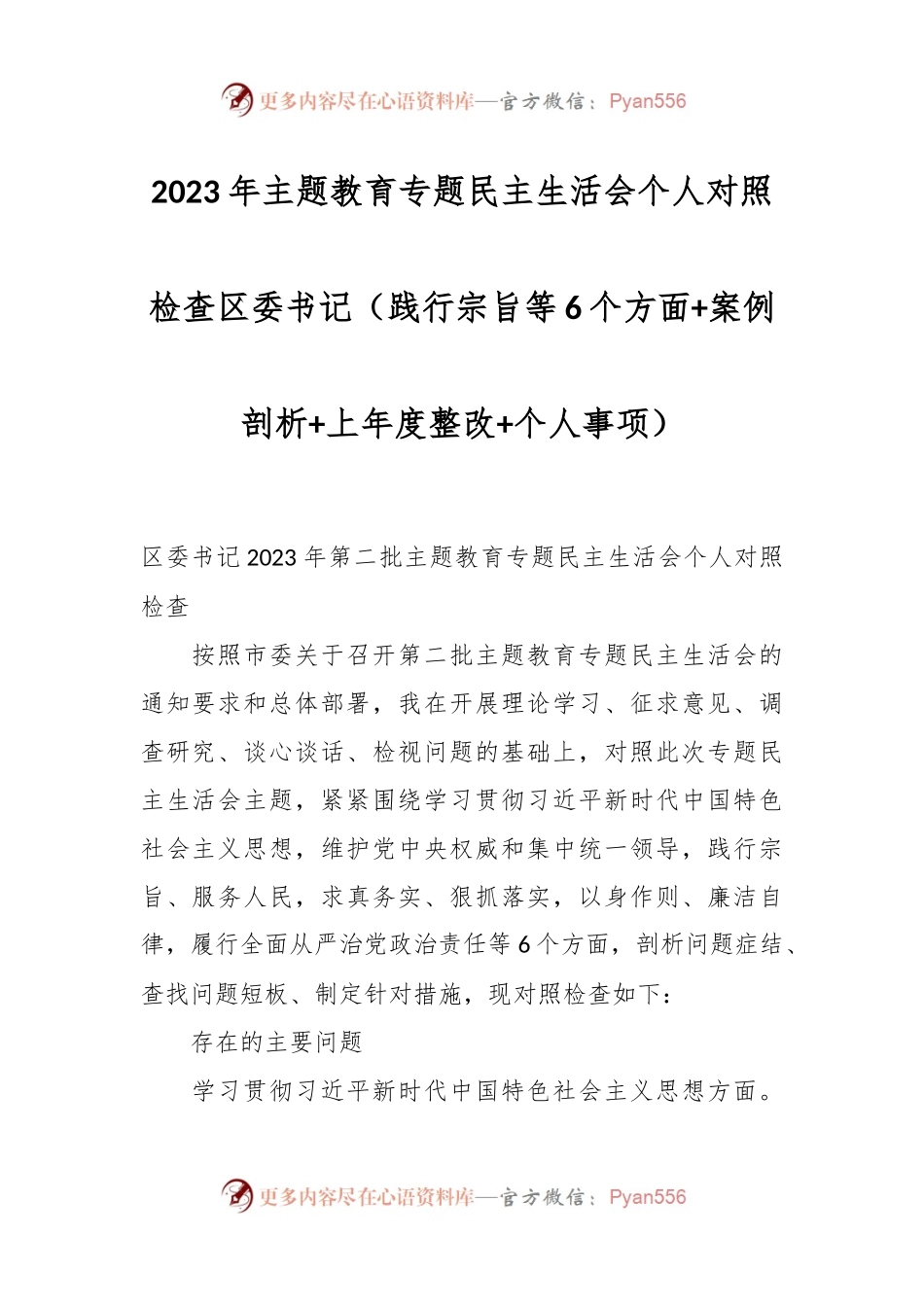 2023年主题教育专题民主生活会个人对照检查 区委书记（践行宗旨等6个方面+案例剖析+上年度整改+个人事项）.docx_第1页