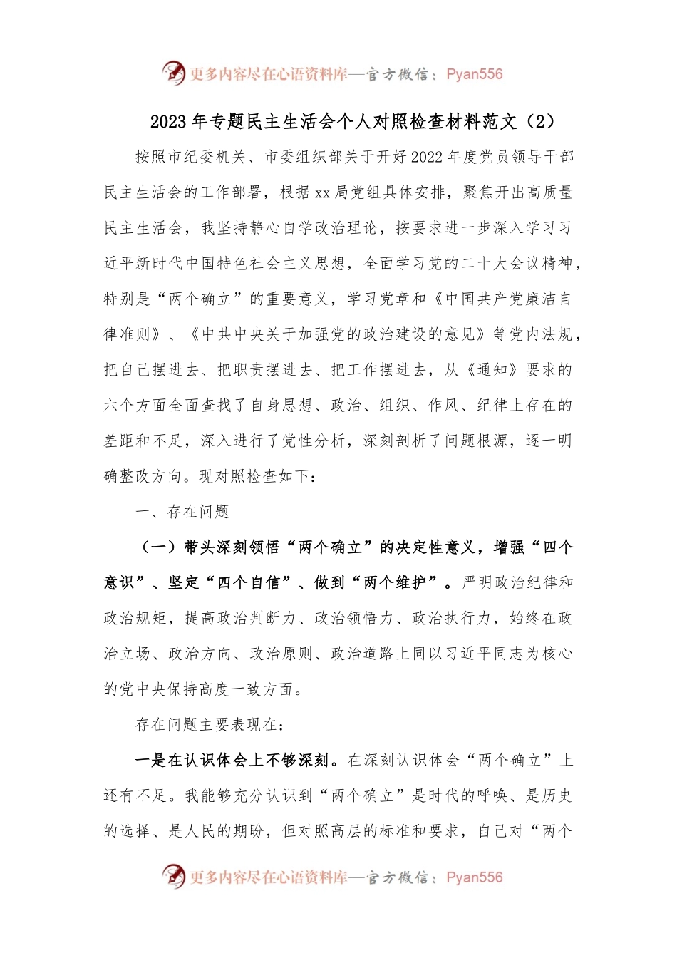 2023年专题民主生活会个人对照检查材料范文（2）.docx_第1页