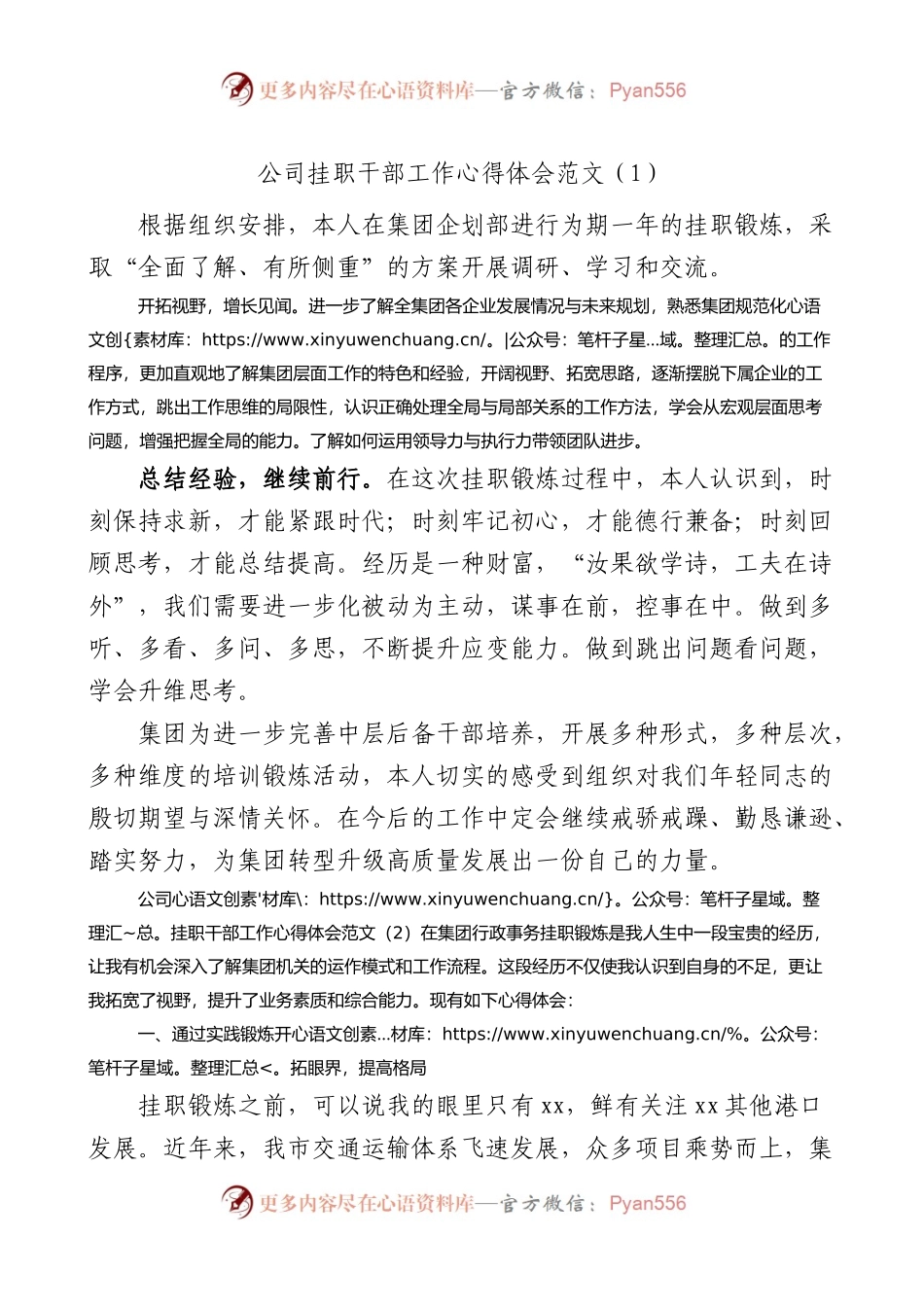 2篇公司挂职干部工作心得体会.docx_第1页