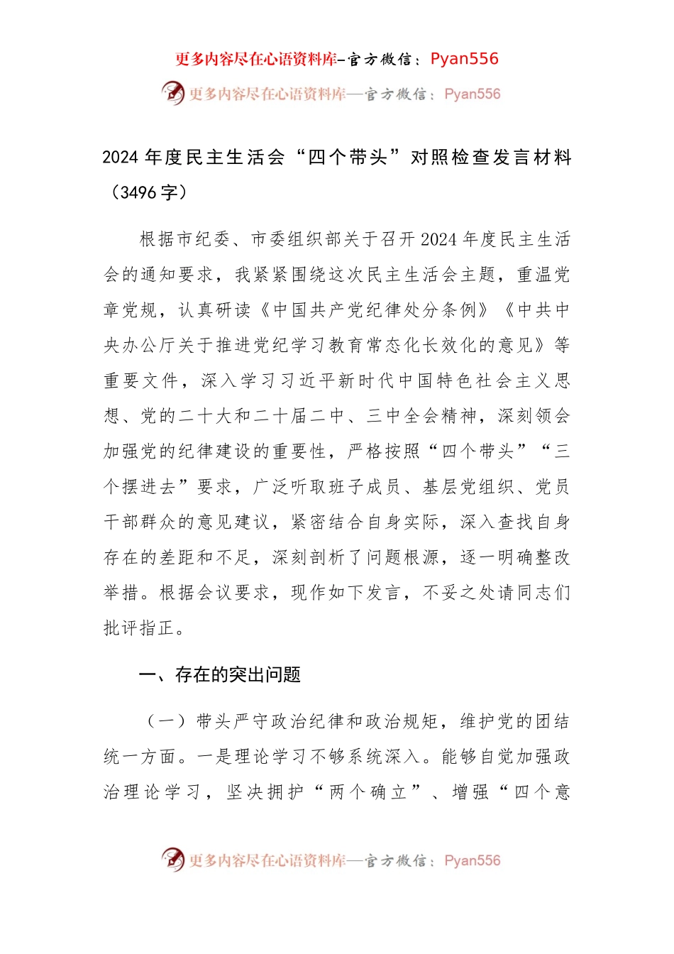 2024年度民主生活会“四个带头”对照检查发言材料（3496字）.docx_第1页