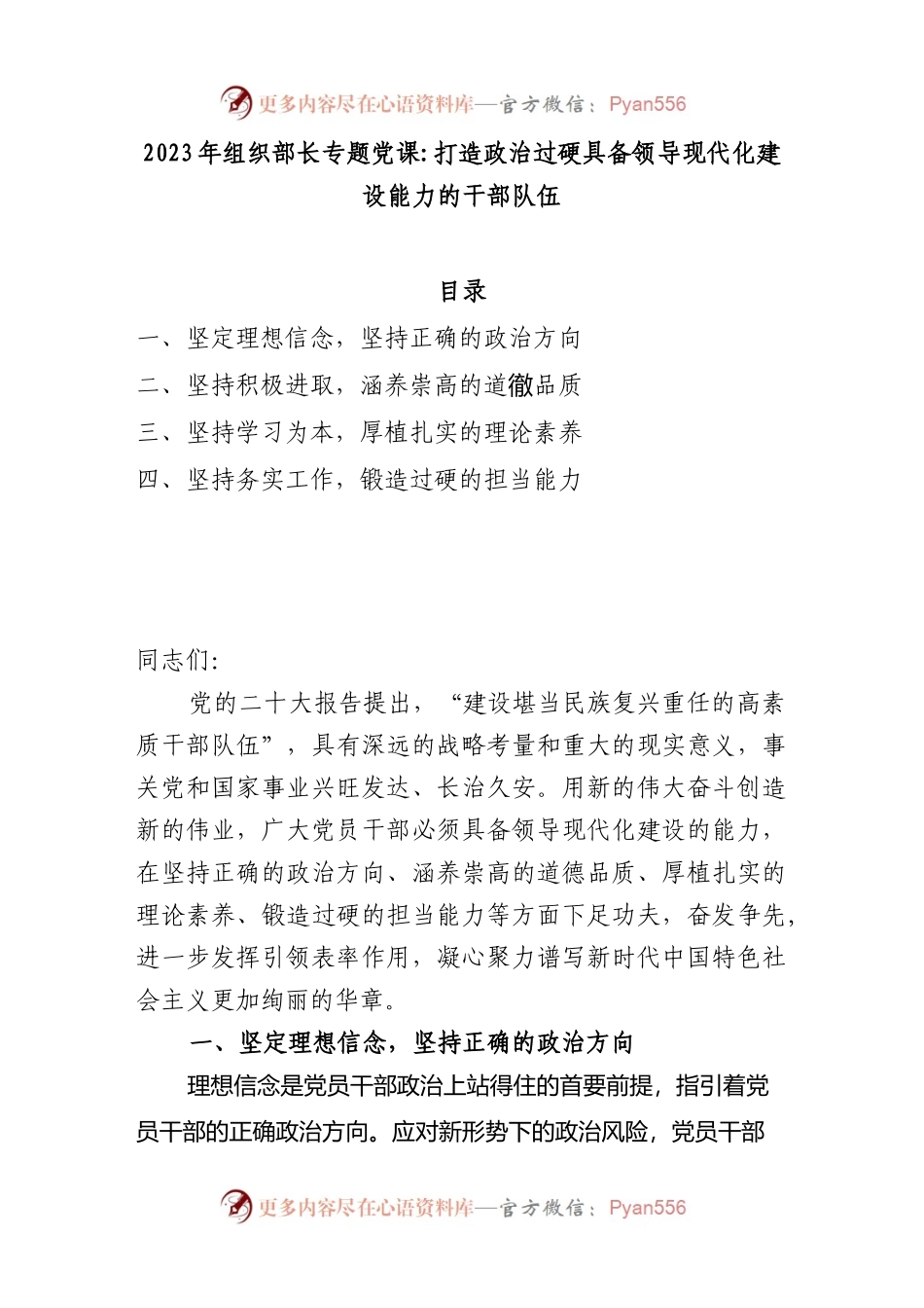2023年组织部长专题党课：打造政治过硬具备领导现代化建设能力的干部队伍.docx_第1页