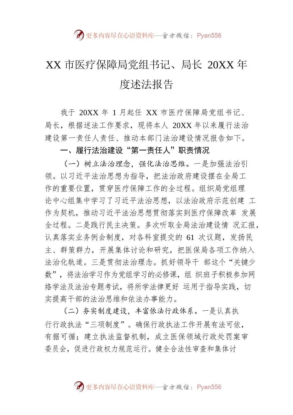 XX市医疗保障局党组书记、局长20XX年度述法报告（20220427）.docx_第1页
