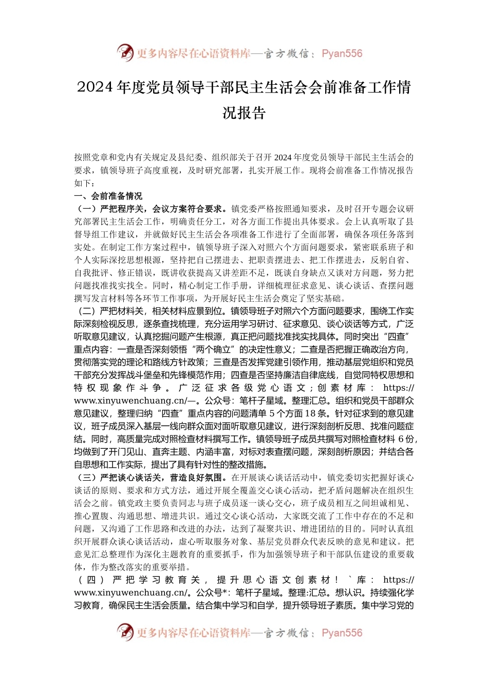 2024年度党员领导干部民主生活会会前准备工作情况报告.docx_第1页