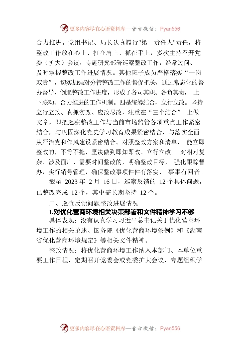 XX县市场监督管理局党组关于优化营商环境专项巡察整改进展情况的报告（2023年6月12日）.docx_第2页