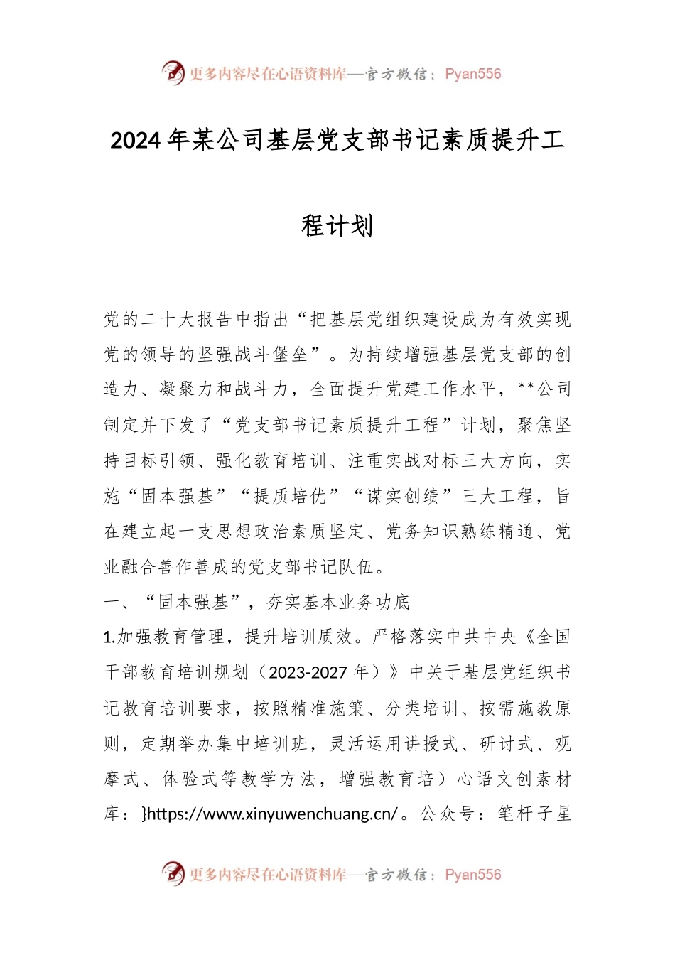 2024年某公司基层党支部书记素质提升工程计划.docx_第1页