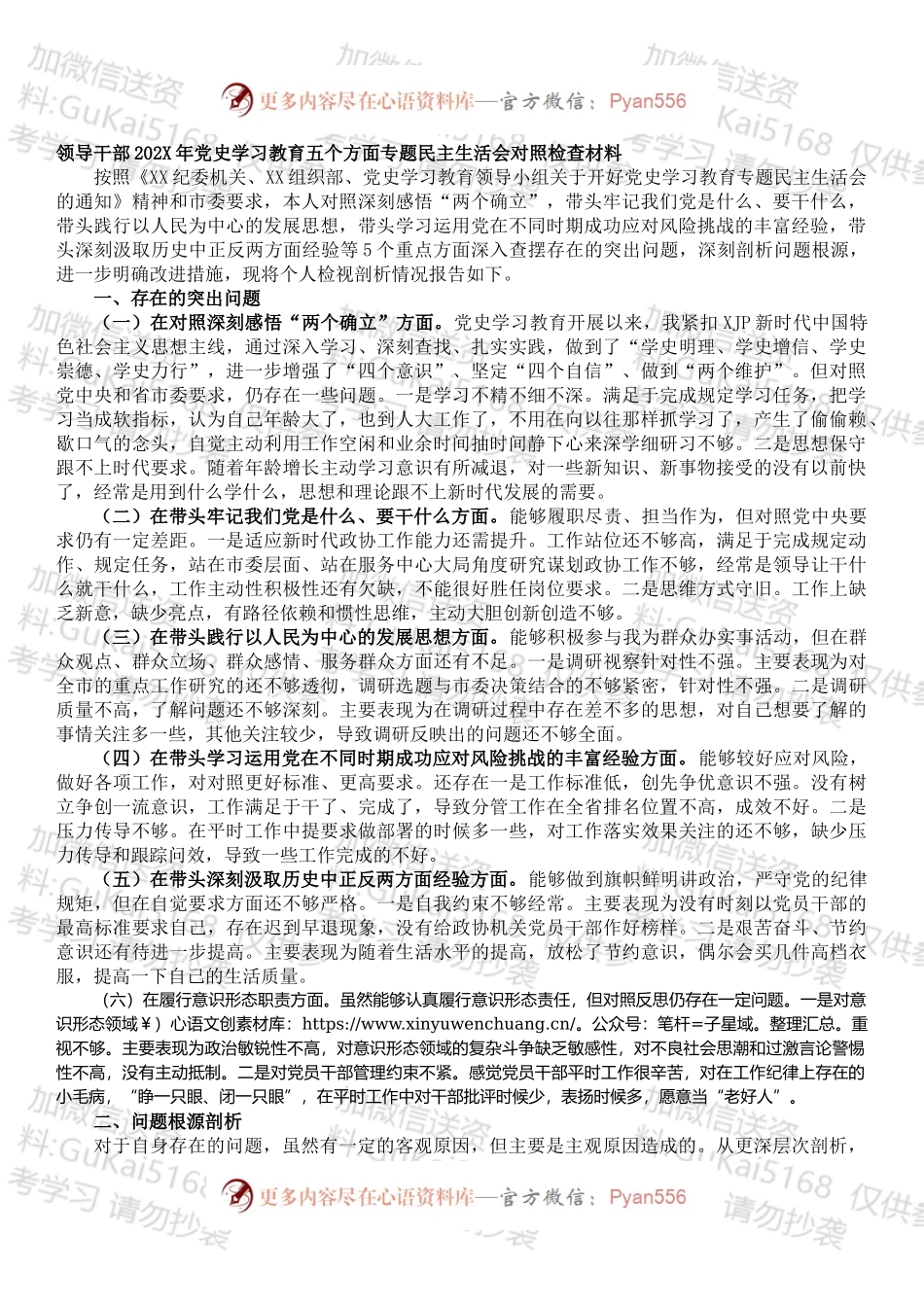 202X1228领导干部202X年党史学习教育五个方面专题民主生活会对照检查材料.docx_第1页