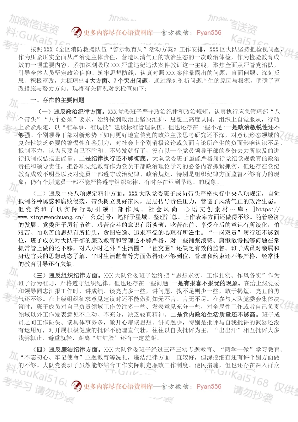 20XX年度警示教育民主生活会班子对照检查材料.docx_第1页