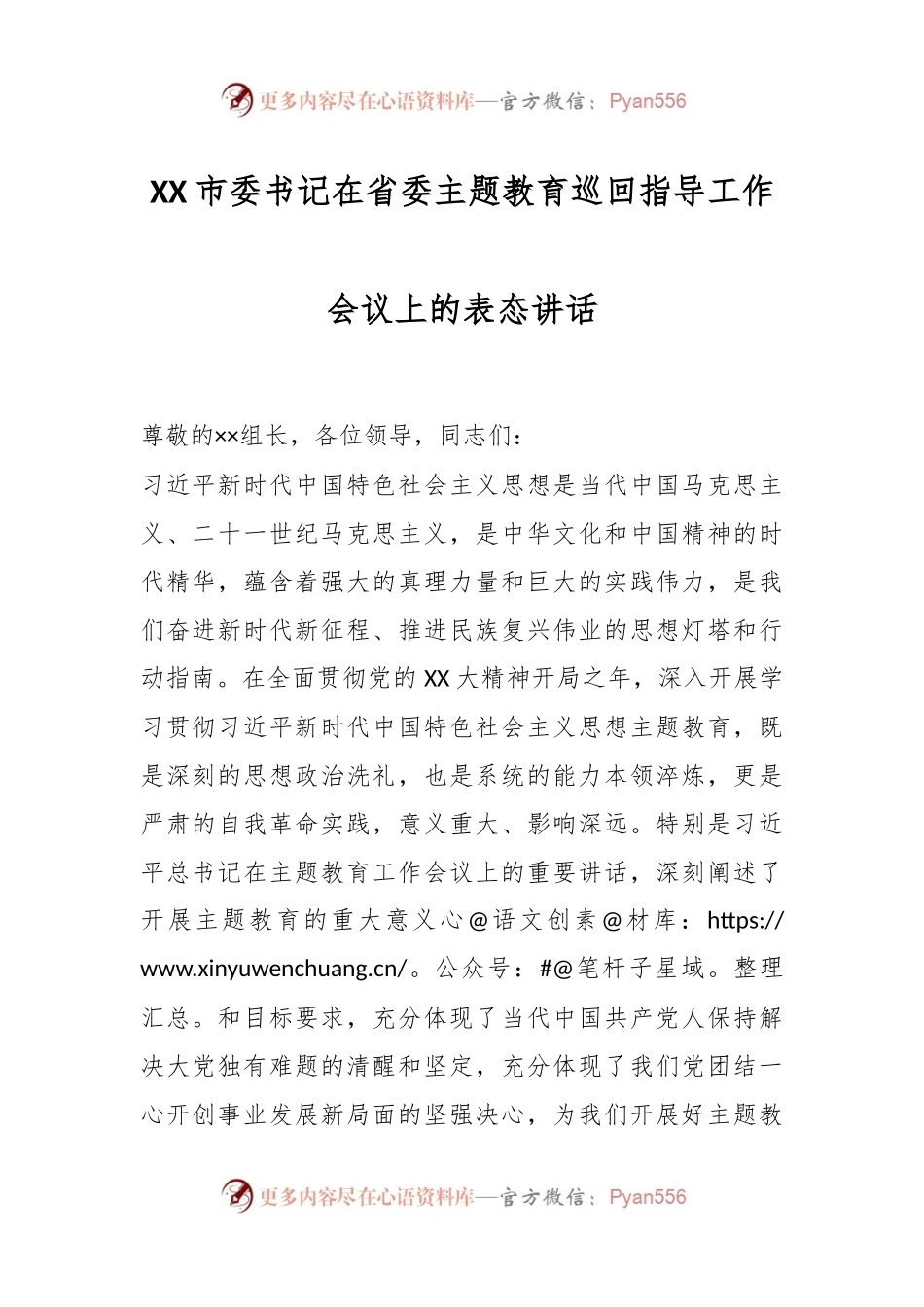 XX市委书记在省委主题教育巡回指导工作会议上的表态讲话.docx_第1页