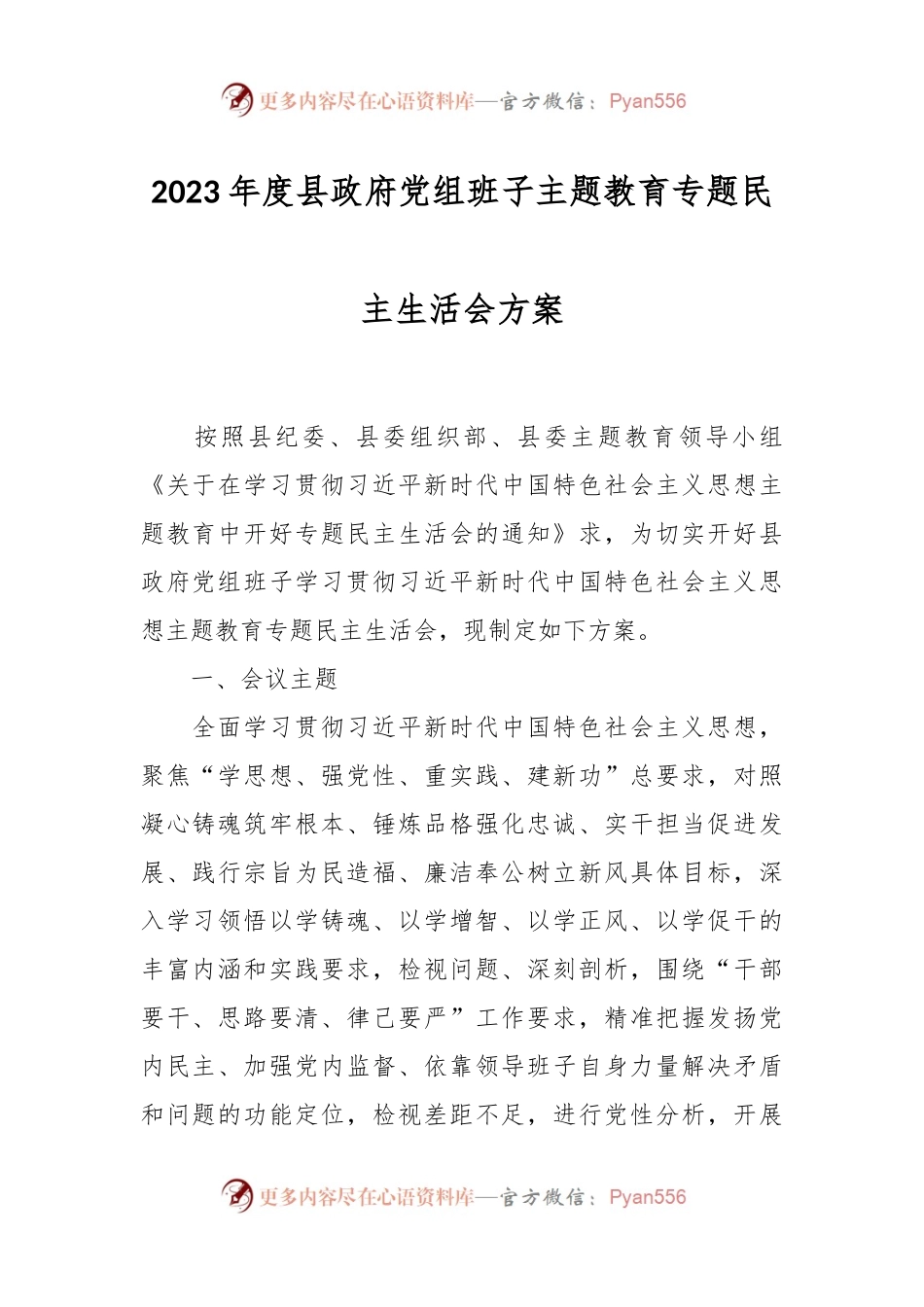 2023年度县政府党组班子主题教育专题民主生活会方案.docx_第1页