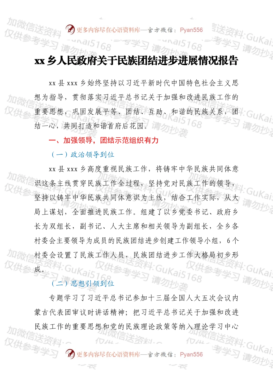 xxx乡人民政府关于民族团结进步进展情况报告.docx_第1页