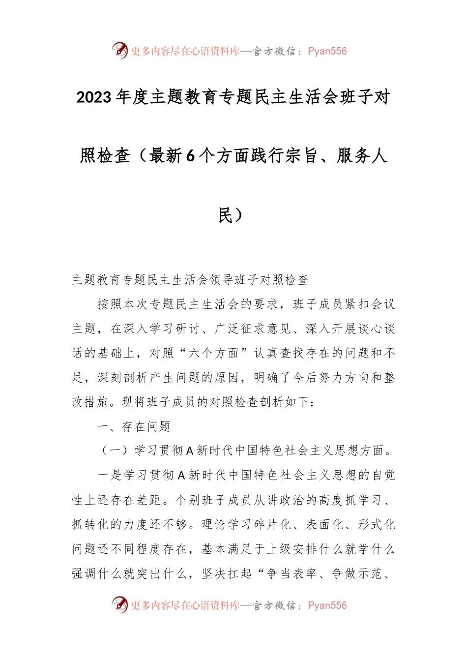 2023年度主题教育专题民主生活会班子对照检查（最新6个方面践行宗旨、服务人民）.docx_第1页