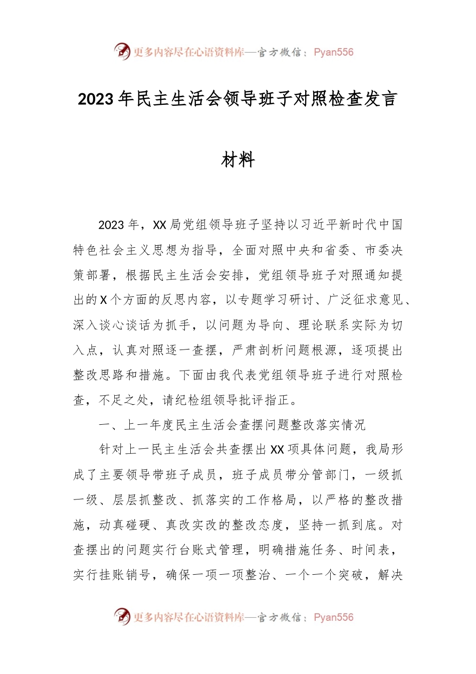 2023年民主生活会领导班子对照检查发言稿材料.docx_第1页
