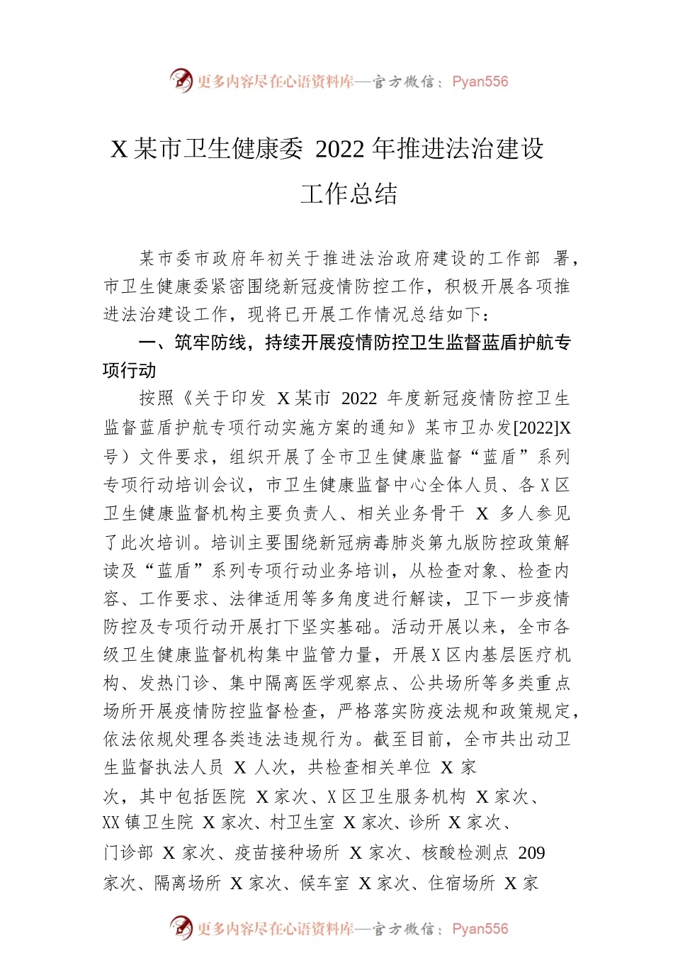 XX市卫生健康委2022年推进法治建设工作总结.docx_第1页