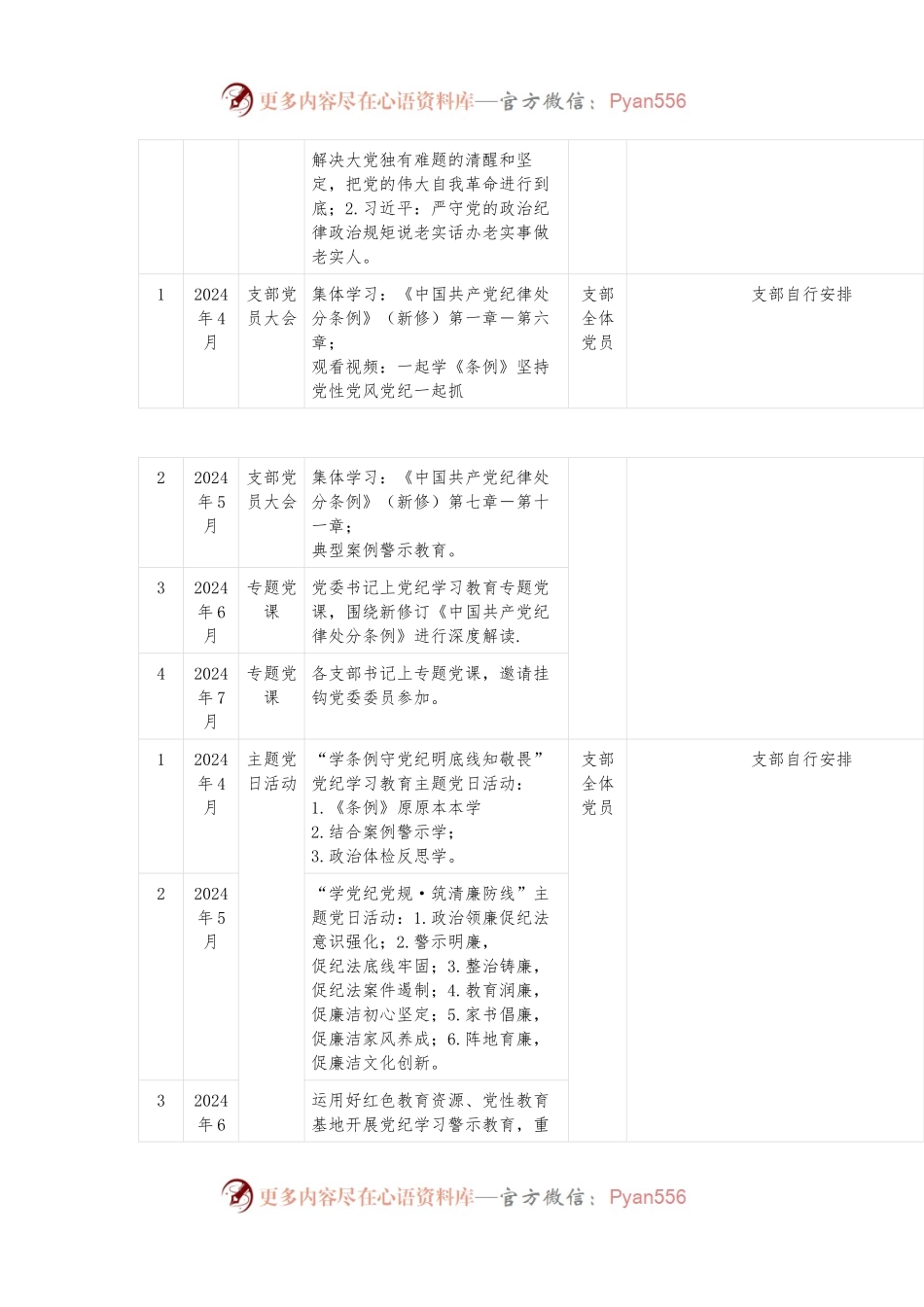 2024年党纪学习教育计划表（含党委、党支部、主题党日活动、个人自学）.docx_第2页