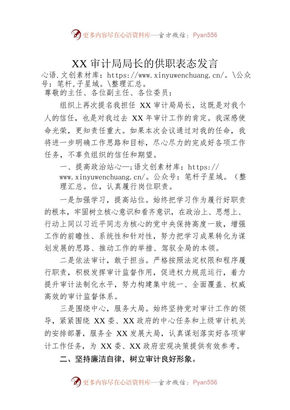 XX审计局局长的供职表态发言.docx_第1页