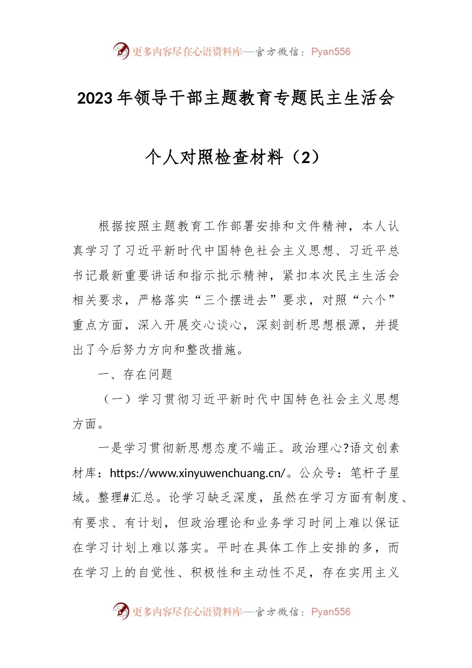 2023年领导干部主题教育专题民主生活会个人对照检查材料（2）.docx_第1页
