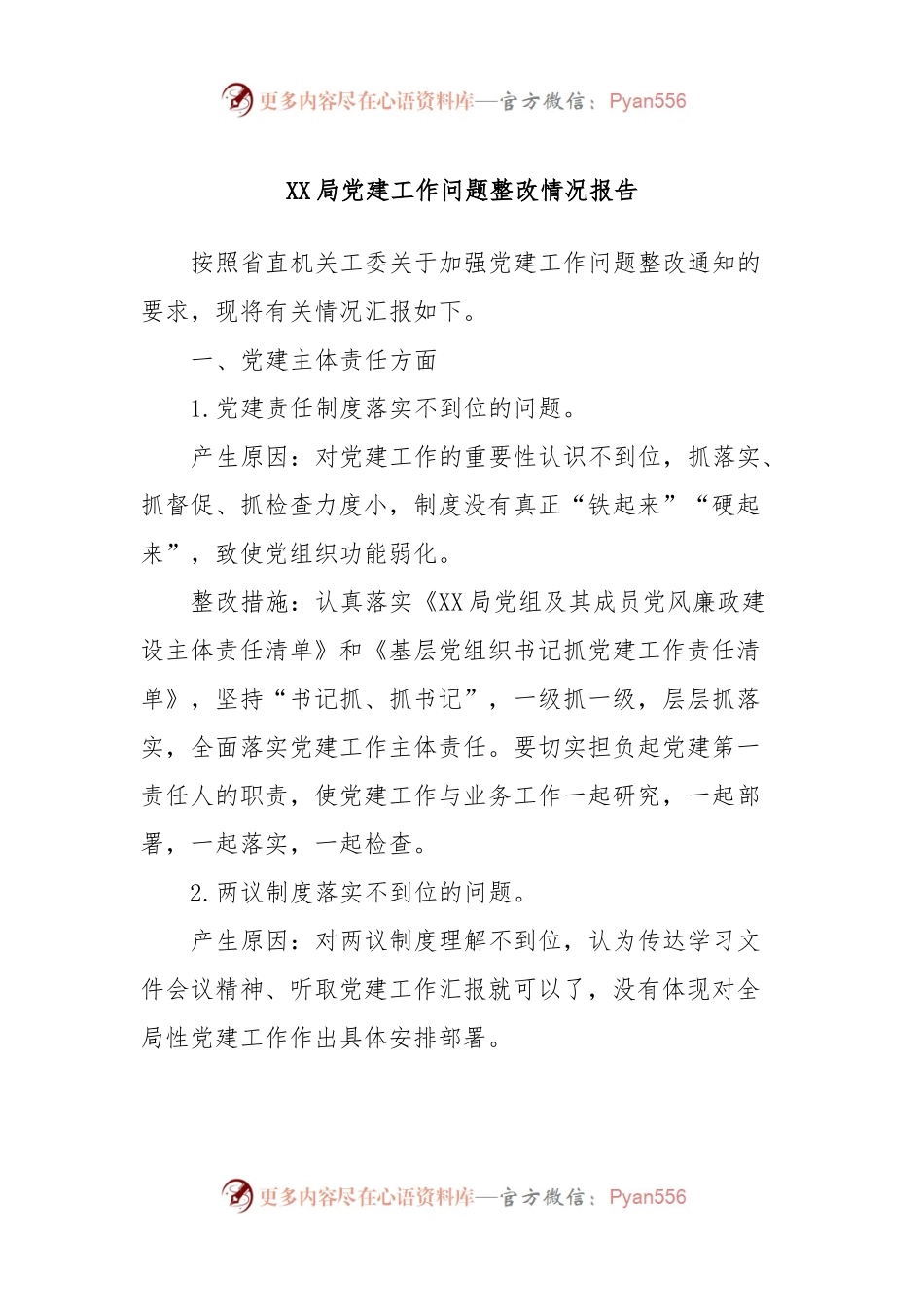 XX局党建工作问题整改情况报告.docx_第1页