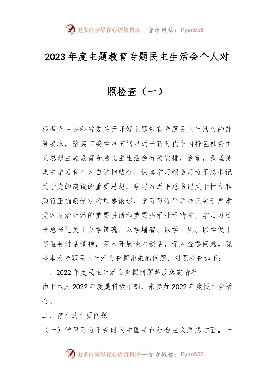 2023年度主题教育专题民主生活会个人对照检查（一）.docx_第1页