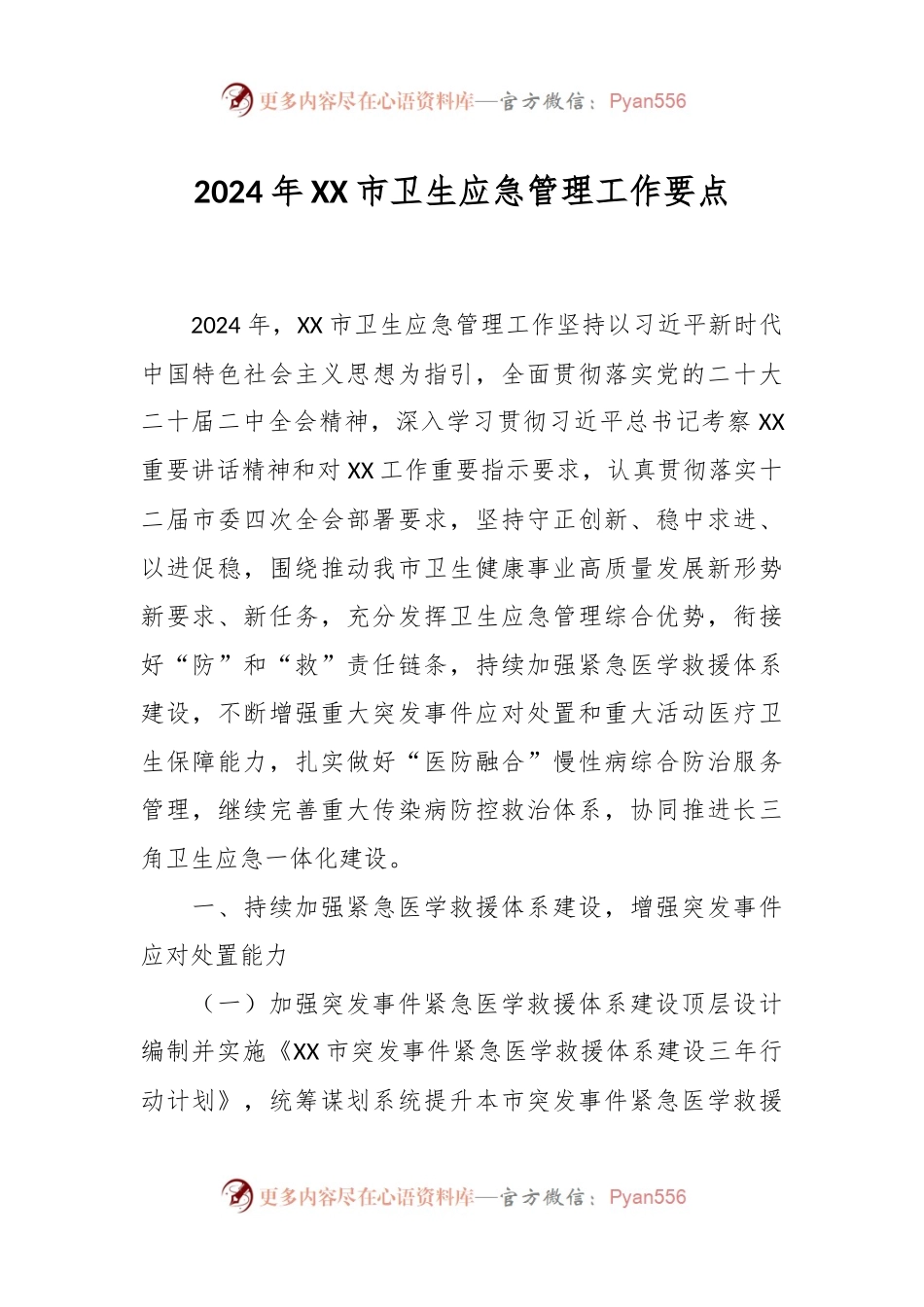 2024年XX市卫生应急管理工作要点.docx_第1页