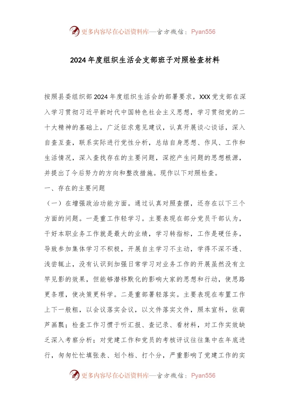 2024年度组织生活会支部班子 对照检查材料.docx_第1页