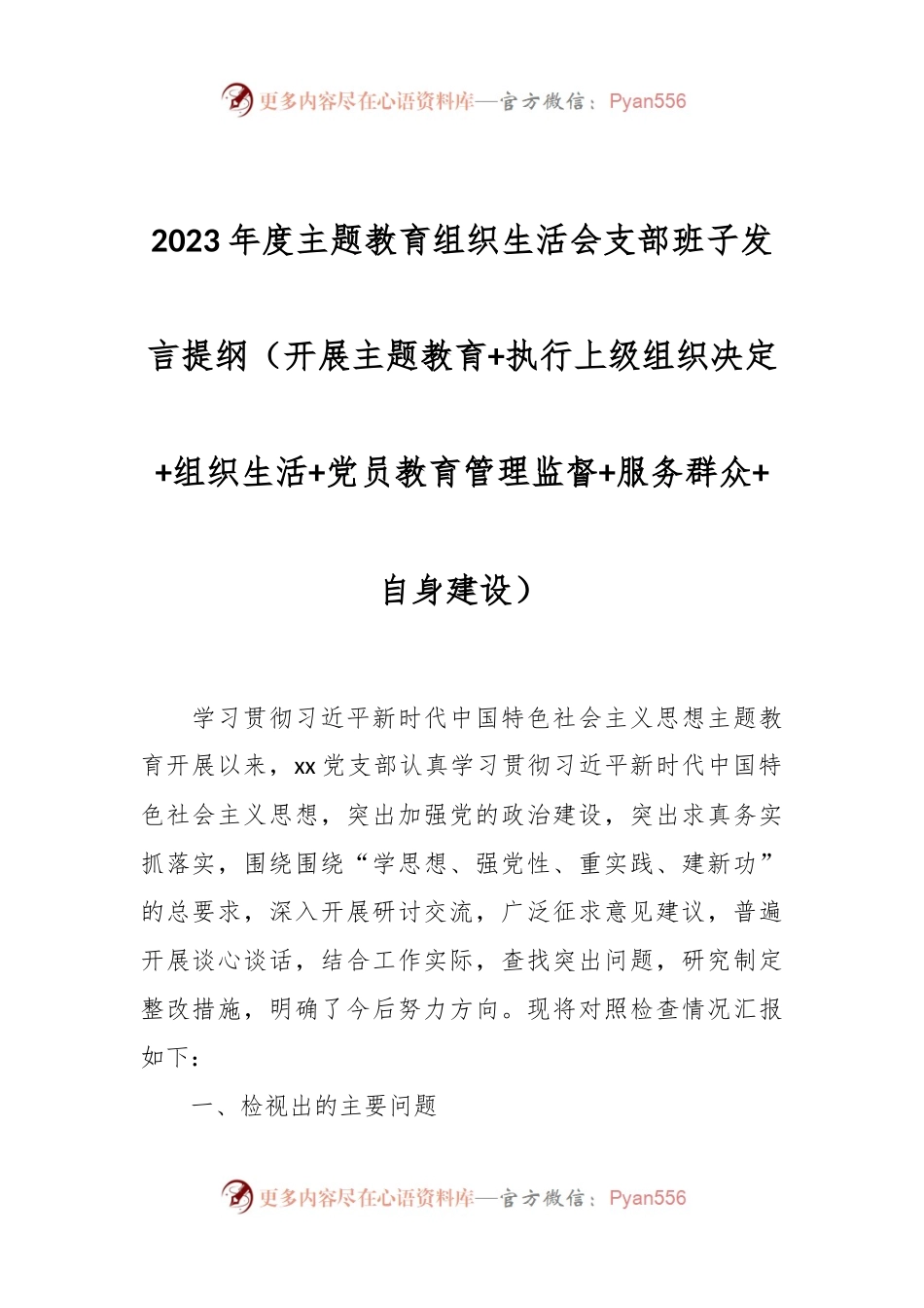 2023年度主题教育组织生活会支部班子发言稿提纲（开展主题教育+执行上级组织决定+组织生活+党员教育管理监督+服务群众+自身建设）.docx_第1页