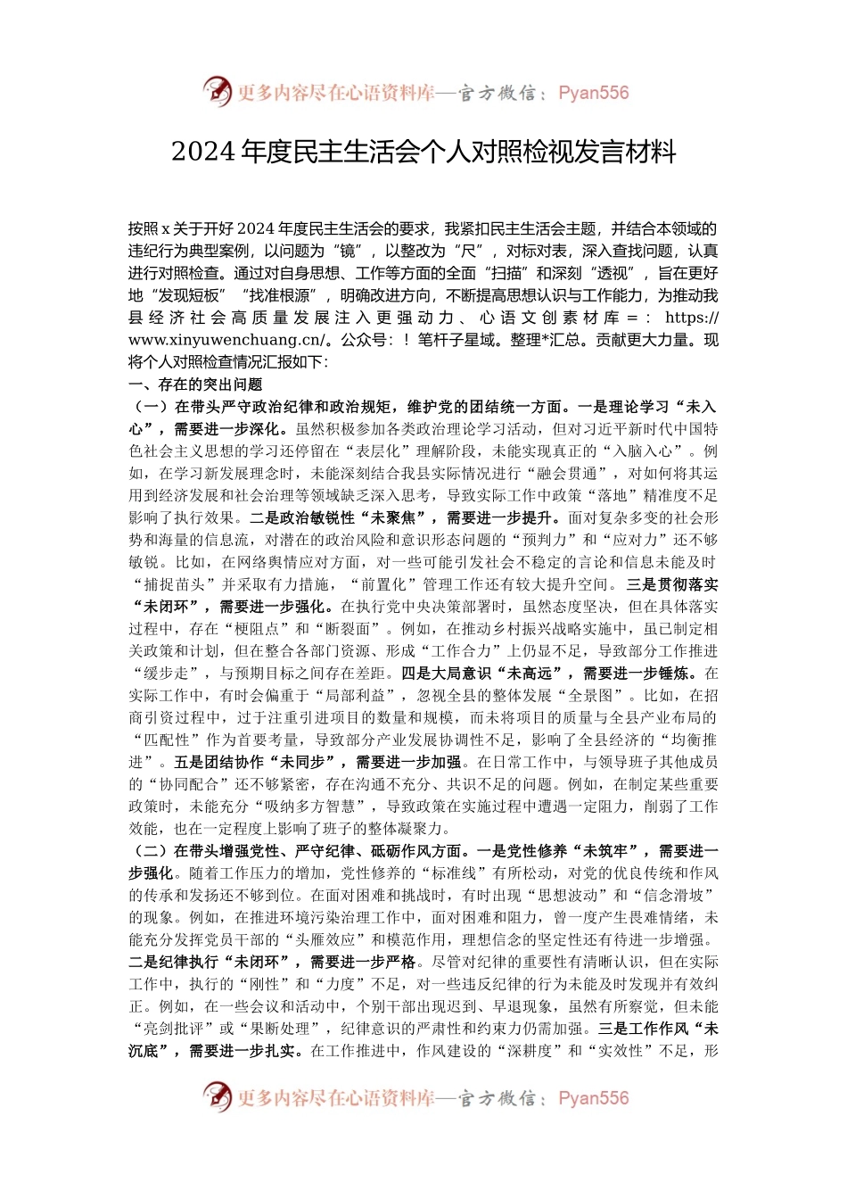 2024年度民主生活会个人对照检视发言材料.docx_第1页